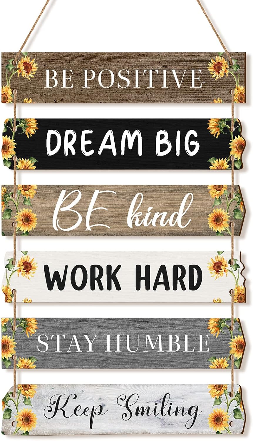 6 Pieces Rustic Wall Hanging Plaque Sign Inspirational Wall Art Farmhouse Wooden Door Signs Positive Plaque with Quotes Motivational Quote Decor for Office Bedroom Living Room(Sunflower Style)