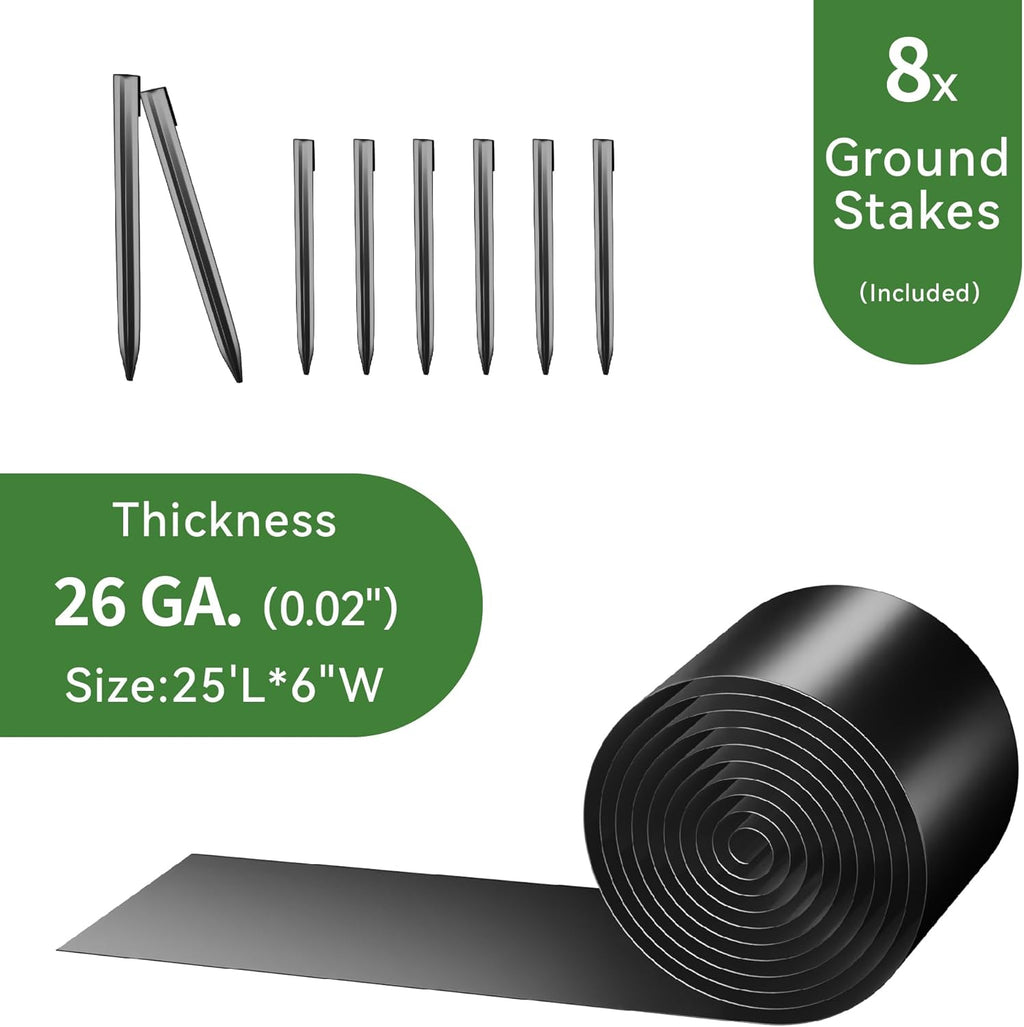 Worth Galvanized Steel Landscape Edging 6" x25' Metal Garden Edging Roll Flexible Bender Border with 8Pcs Stakes for Lawn, Flower Bed Edges, Black