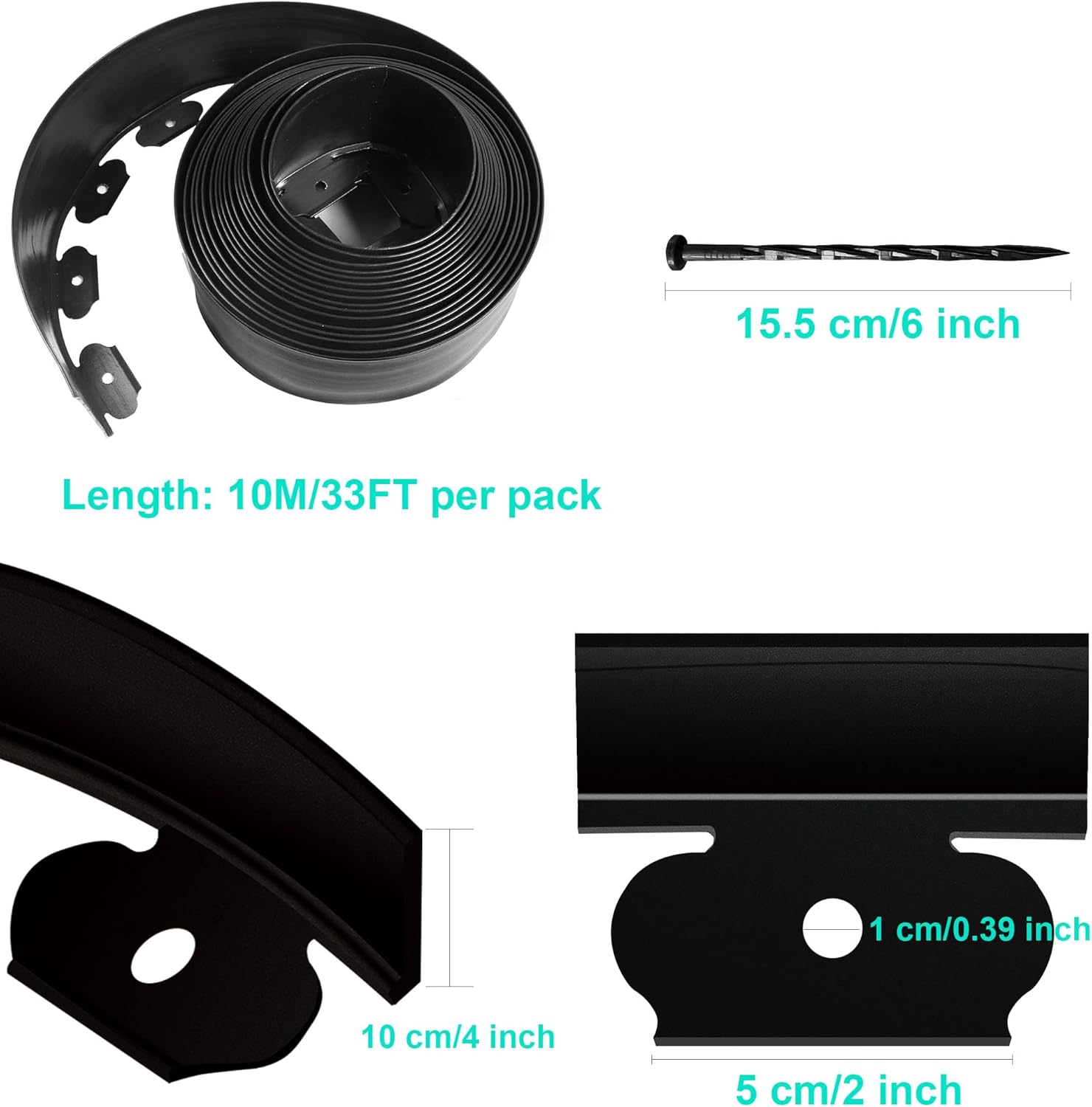 Landscape Edging Coil 33 FT, 4 Inch Tall Garden Edging Border Flexible Lawn Edging Kit with 30 Spikes, Plastic Edging for Landscaping Flower Beds Yard Pathway Paver Edging (4IN x 33FT, Black)