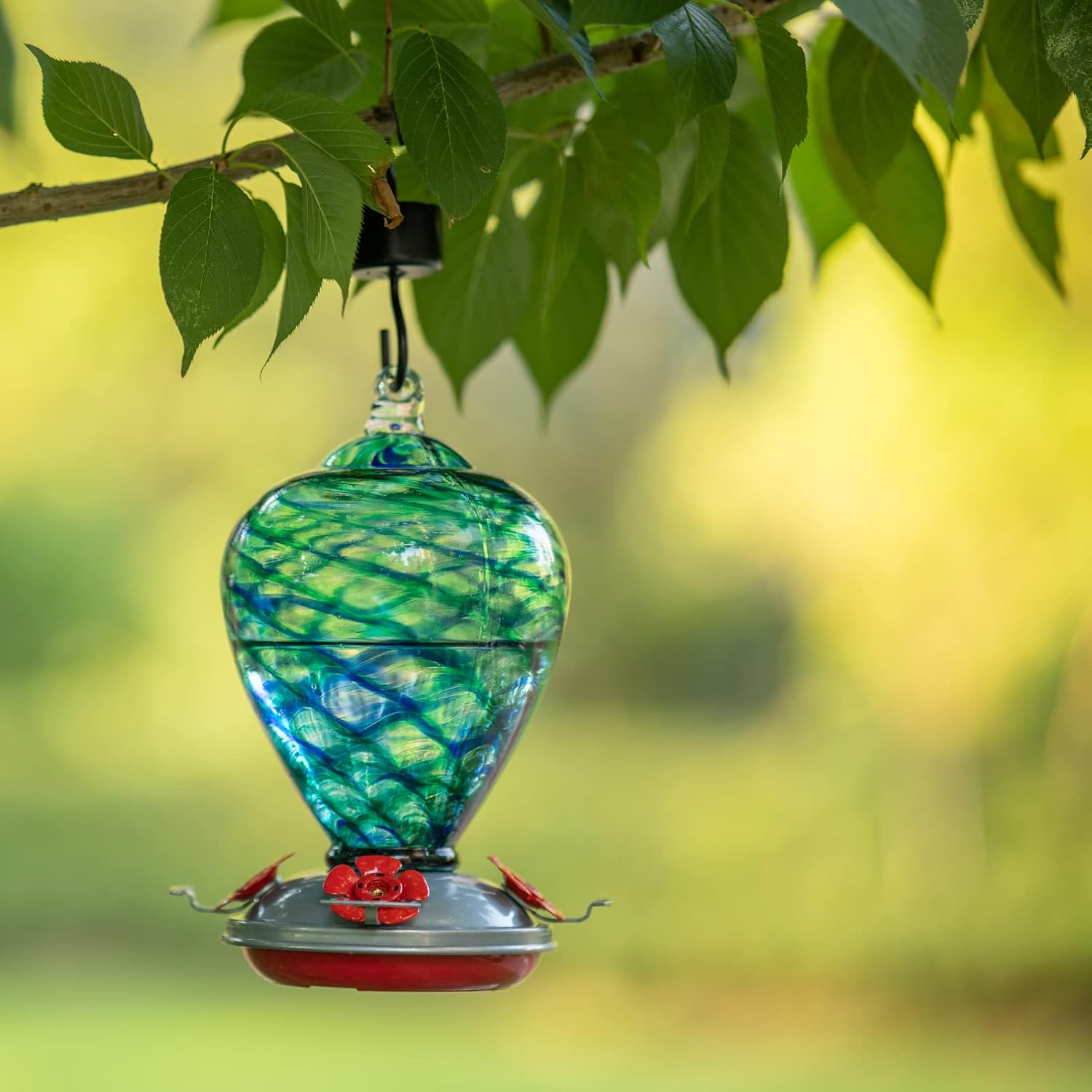 2 Packs Hummingbird Feeder for Outdoors Hanging Ant and Bee Proof, 34OZ 32OZ Hand Blown Glass Hummingbird Feeders for Outside (Blue & Flame)