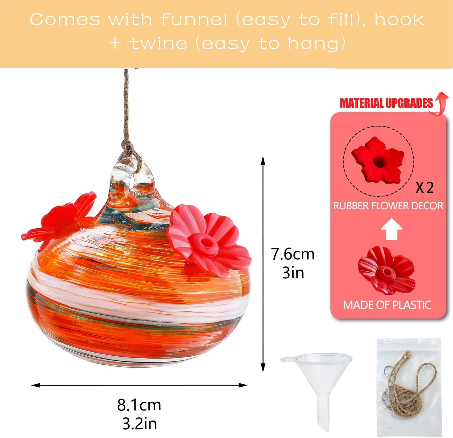 Small Glass Hummingbird Feeders for Outdoors Hanging Blown Glass Ball Humming Birds Feeder with 2 Feeding Ports for Outside Garden Patio Decor for Window