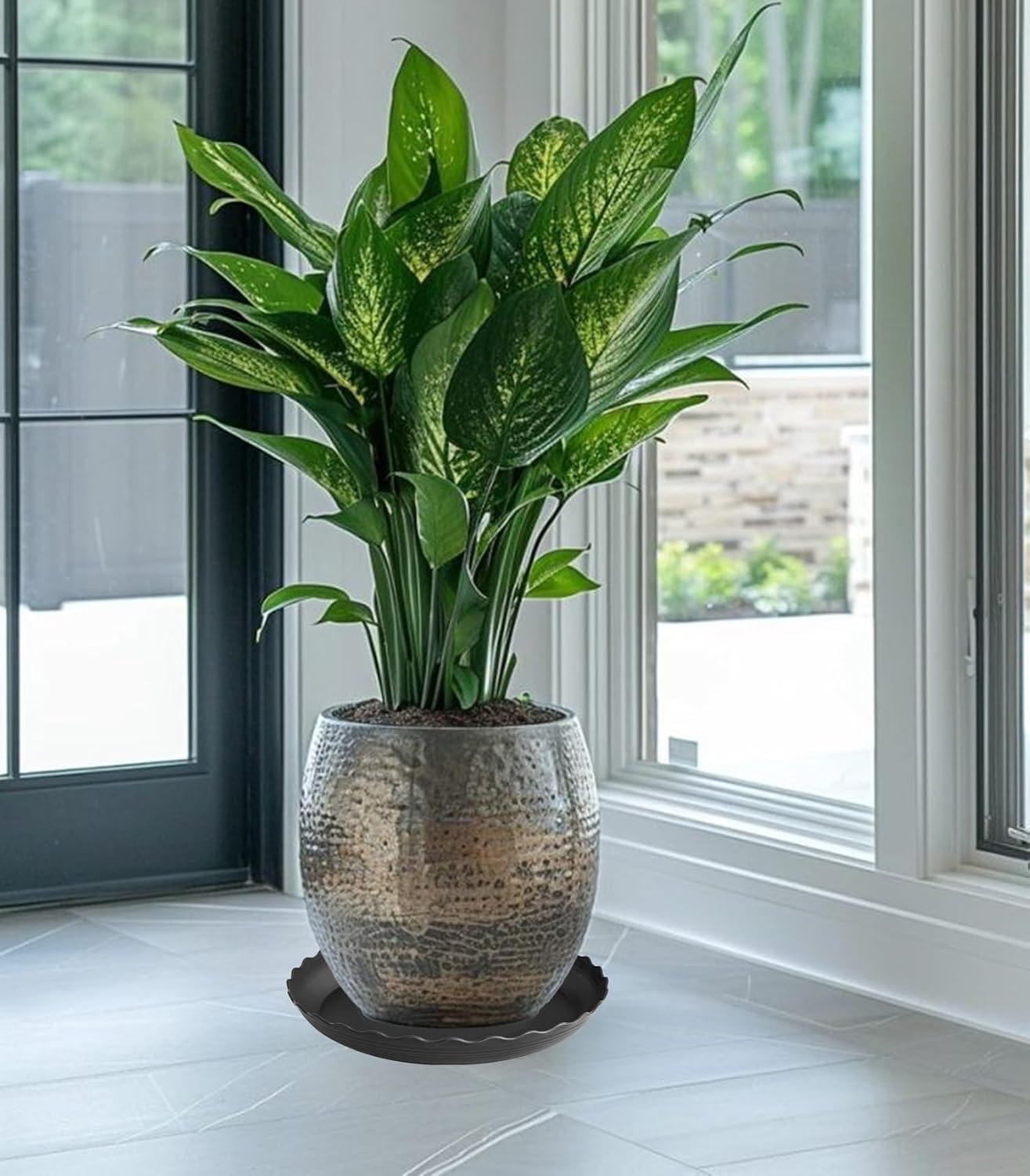 4 Pack of 16 inch Plant Saucer, Depth Large Plant Tray, Heavy Duty Plant Trays for Indoors no Holes, Plastic Pot Tray for Planter (Black)