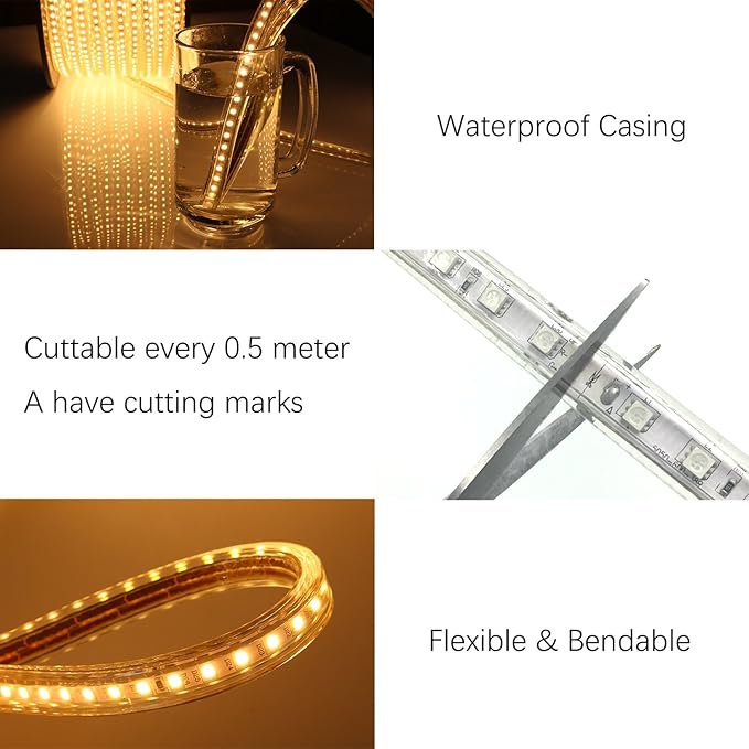 5050-60 Type AC 110-120V LED Strip Lights, Flexible/Waterproof/Dimmable/Multi-Modes LED Rope Light + 23 Keys Remote for Home/Garden/Building Decoration (16.4ft/5m, Natural White 4000K)