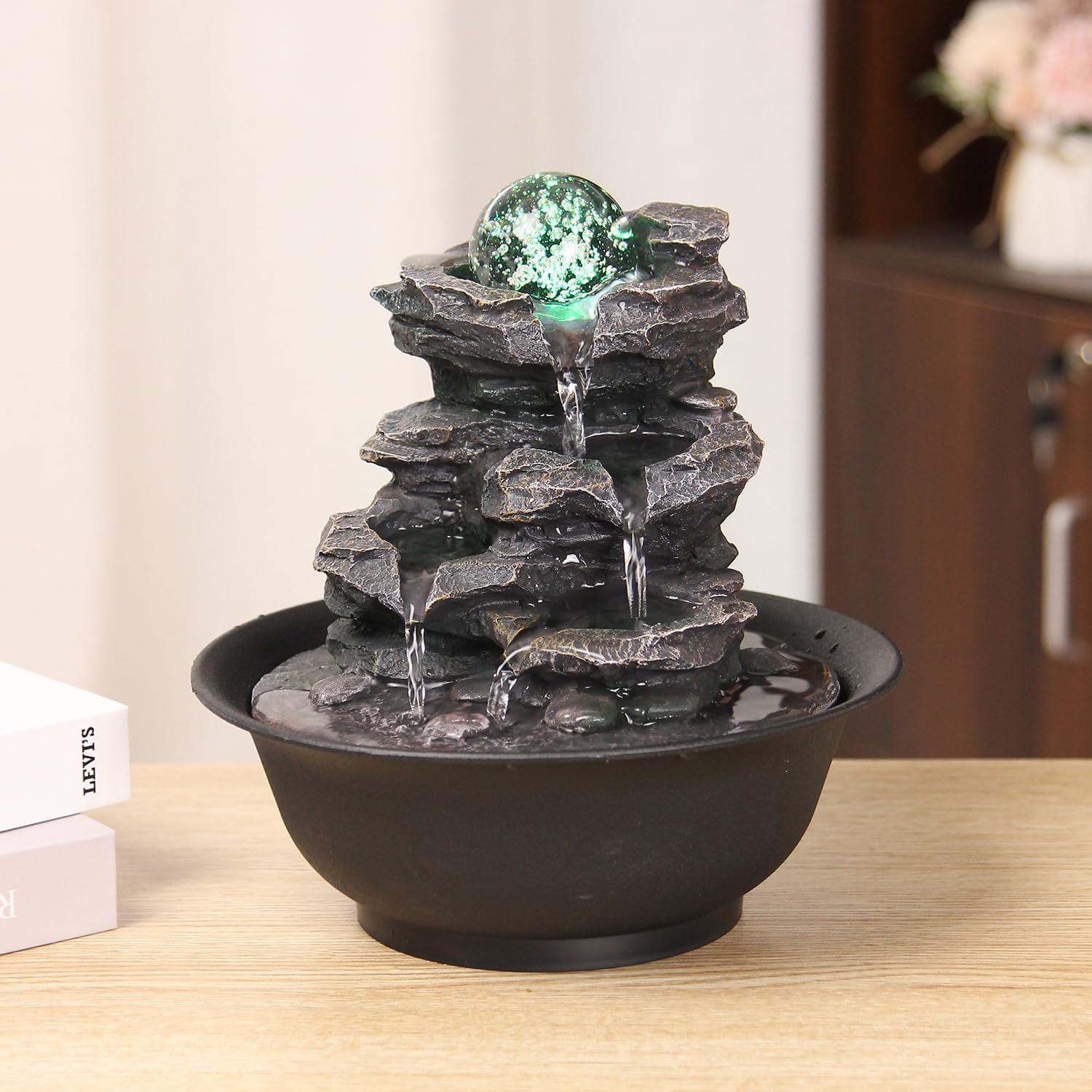 Rock Cascading Tabletop Fountain with Spinning Ball, Zen Meditation Indoor Waterfall Feature with LED Light for Home Office Bedroom