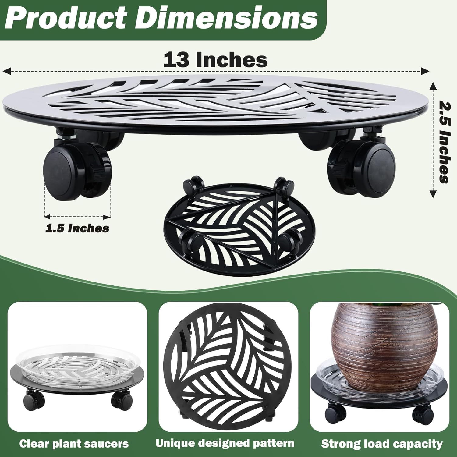 1 Packs Large Metal Plant Caddy with PU Wheels 13" Heavy-Duty Wrought Iron Rolling Plant Stands Indoor Outdoor Wheeled Plant Dolly Planter Mover Rollers Plant, Leaf Style