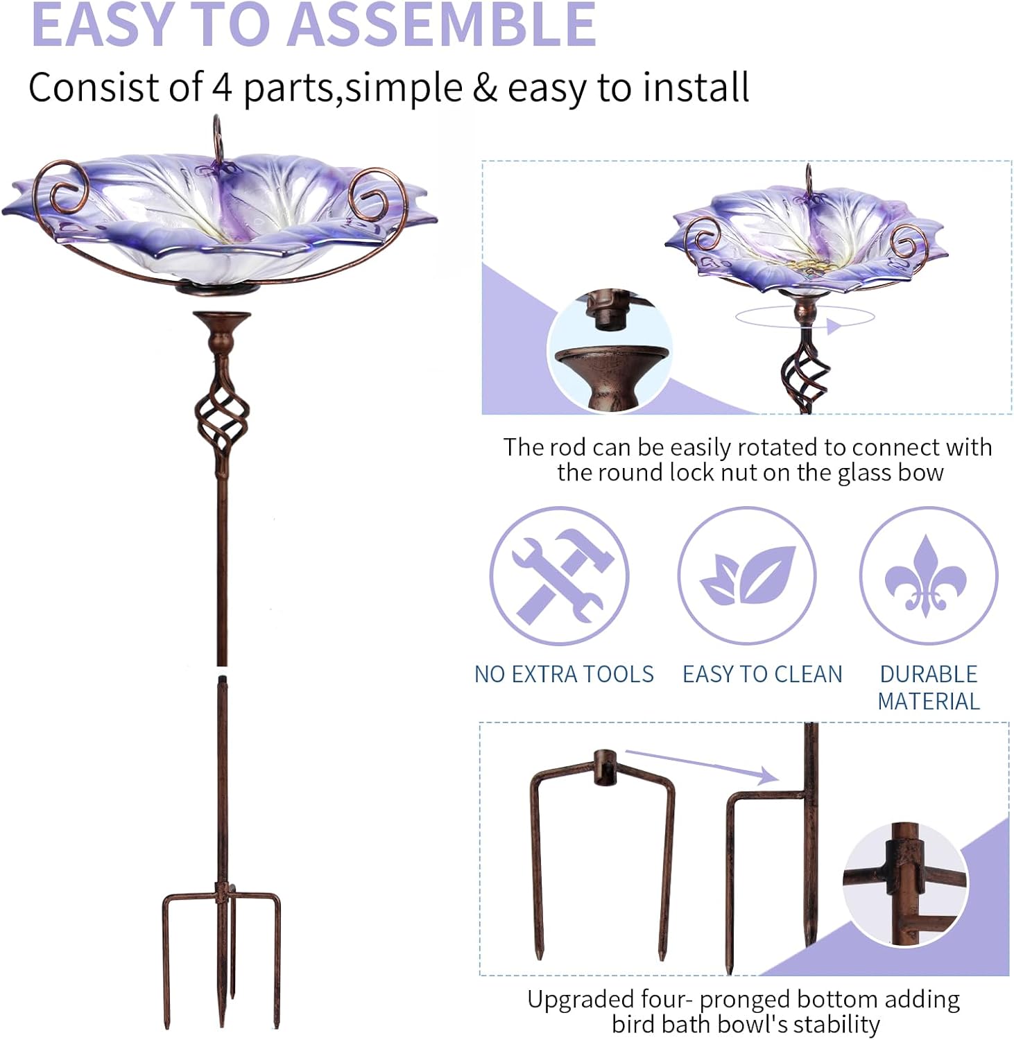 VCUTEKA Glass Bird Bath Outdoor BirdBath Bird Feeder with Metal Stake Garden Decor, Purple