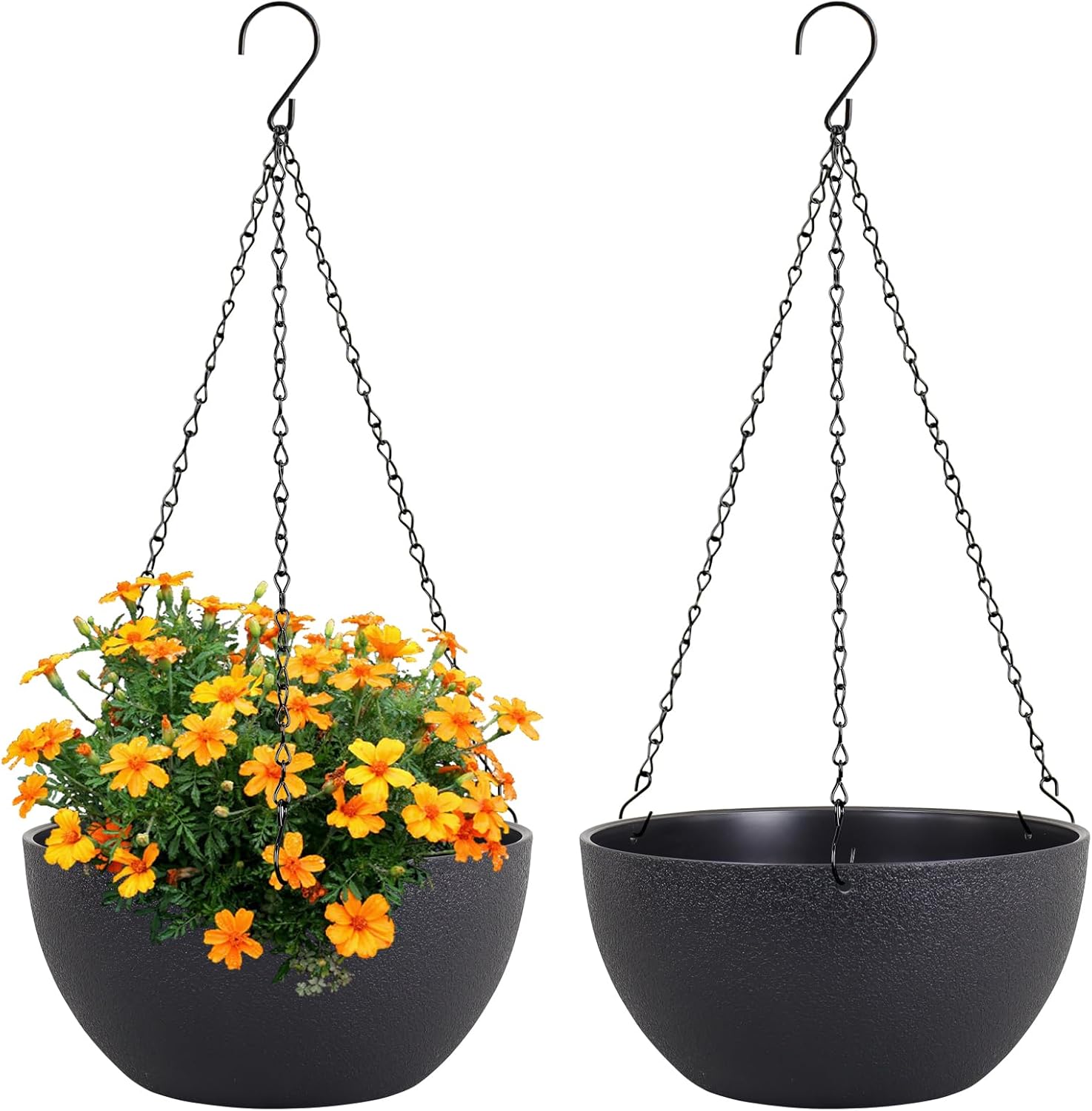 10 inch Hanging Planters for Indoor Outdoor Plants, 2 Pack Hanging Flower Pots with Drainage Holes and Chain for Garden Porch, Round Plastic Hanging Baskets for House Plants, Black