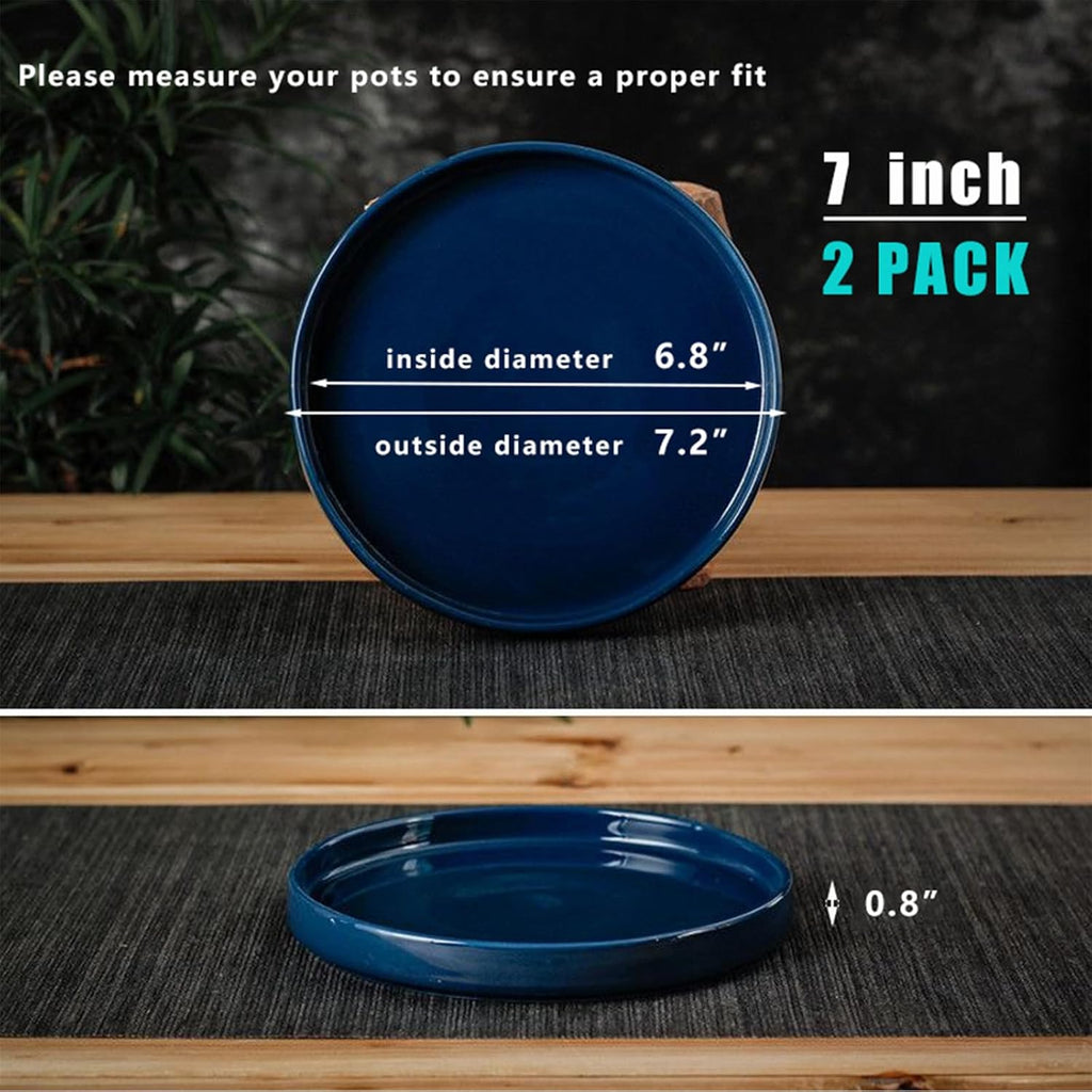 Ceramic Plant Saucer 7 Inch, 2 Pack Round Plant Trays for Indoors/Outdoors, Flower Pot Saucers for Holding Water Drips and Soil, Ceramic Drainage Tray for Plant Pot (Blue)