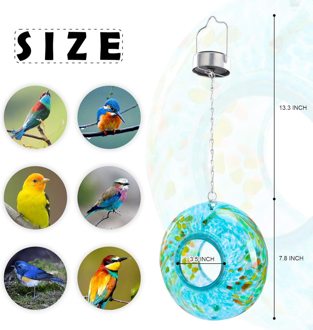 VCUTEKA Bird Feeder Solar Fly Through Bird Feeders for Outside Hanging with Round Shape Glass Container to Attract Wild Birds for Garden Decor, Blue 8"