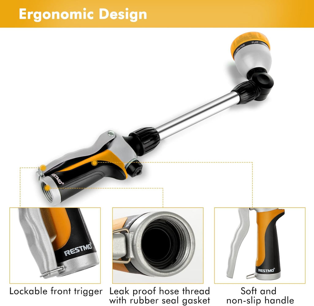 RESTMO Metal Watering Wand, Heavy Duty Garden Hose Wand with 180° Swivel Ratcheting Head, 16'' Hose Nozzle Sprayer with 7 Spray Patterns and Flow Control, for Water Hanging Baskets and Shrubs, Yellow