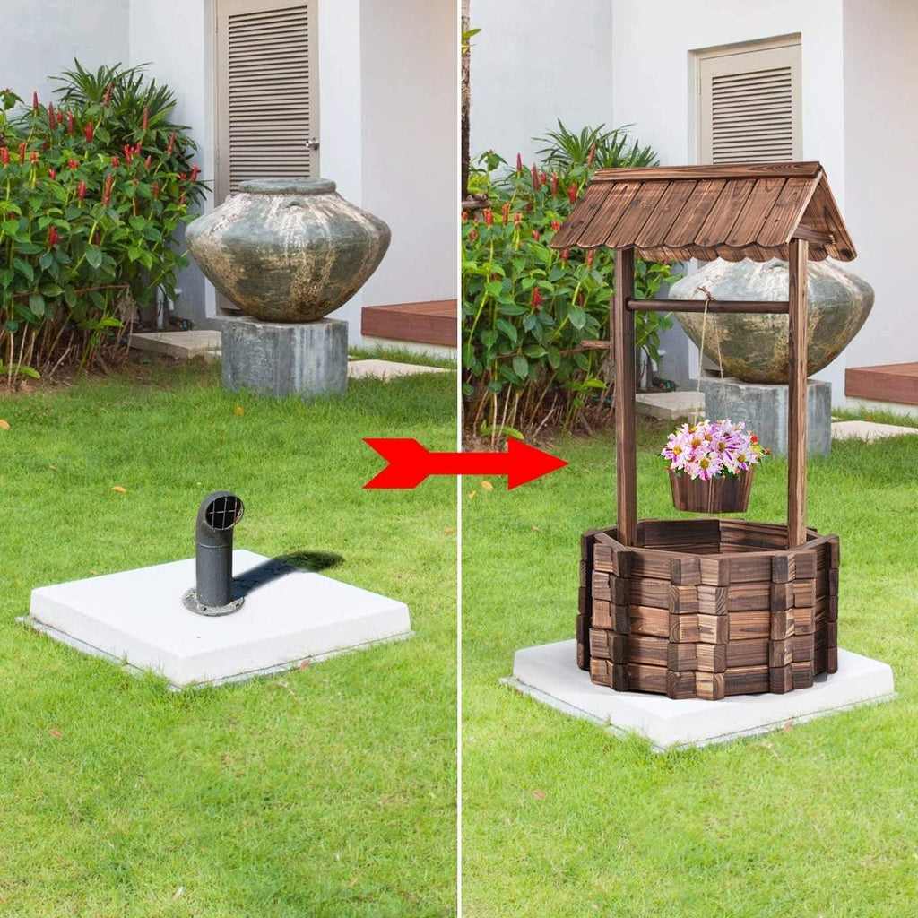 ReunionG Outdoor Wooden Wishing Well Garden Planter with Hanging Flower Bucket for Patio Garden Home Decor