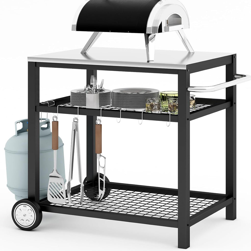Stainless Steel Grill Cart Pizza Oven Stand Trolley Table with Wheels Pizza Cart Three-Shelf Movable Food Prep Work Dining Table with Double-Shelf Heavy Duty Outdoor 31.5" x 24 x 33.5