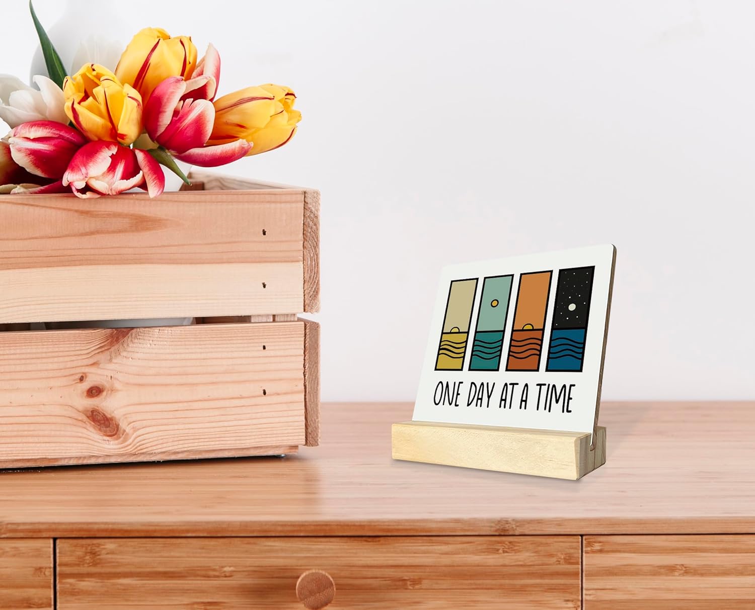 Primitive Wooden Sign, One Day at A Time, Desk Plaque with Wooden Stand 4 x 4.3 inches, Modern Decoration, Farmhouse Table Plaque Signs, Rustic Home Decor Plaque, Inspirational Sign, Uplifting Gift B