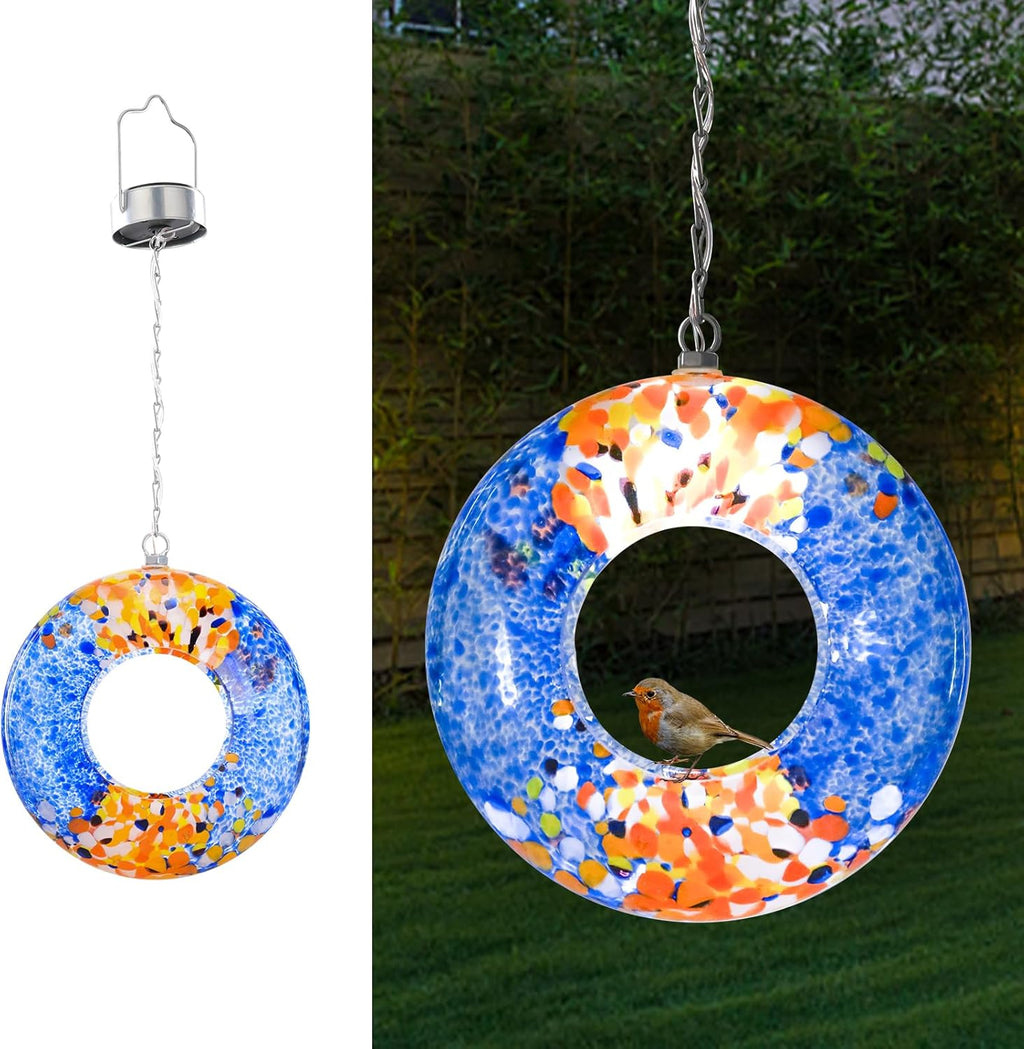 VCUTEKA Bird Feeder Solar Fly Through Bird Feeders for Outside Hanging with Round Shape Glass Container to Attract Wild Birds for Garden Decor, Solar Birdfeeder as Gift for Lovers, Multi 8-Inch
