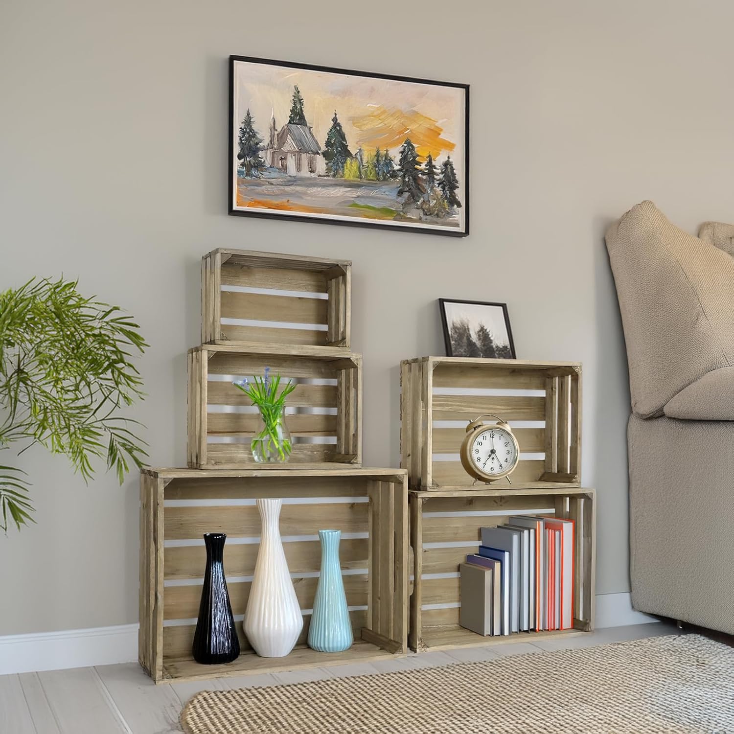 Large Wood Crates, Set of 5 Decorative Storage Box with Handles, Vintage Gray Farmhouse Wooden Crates for Decor, Wedding Birthday Home Party Living Room Kitchen Decoration