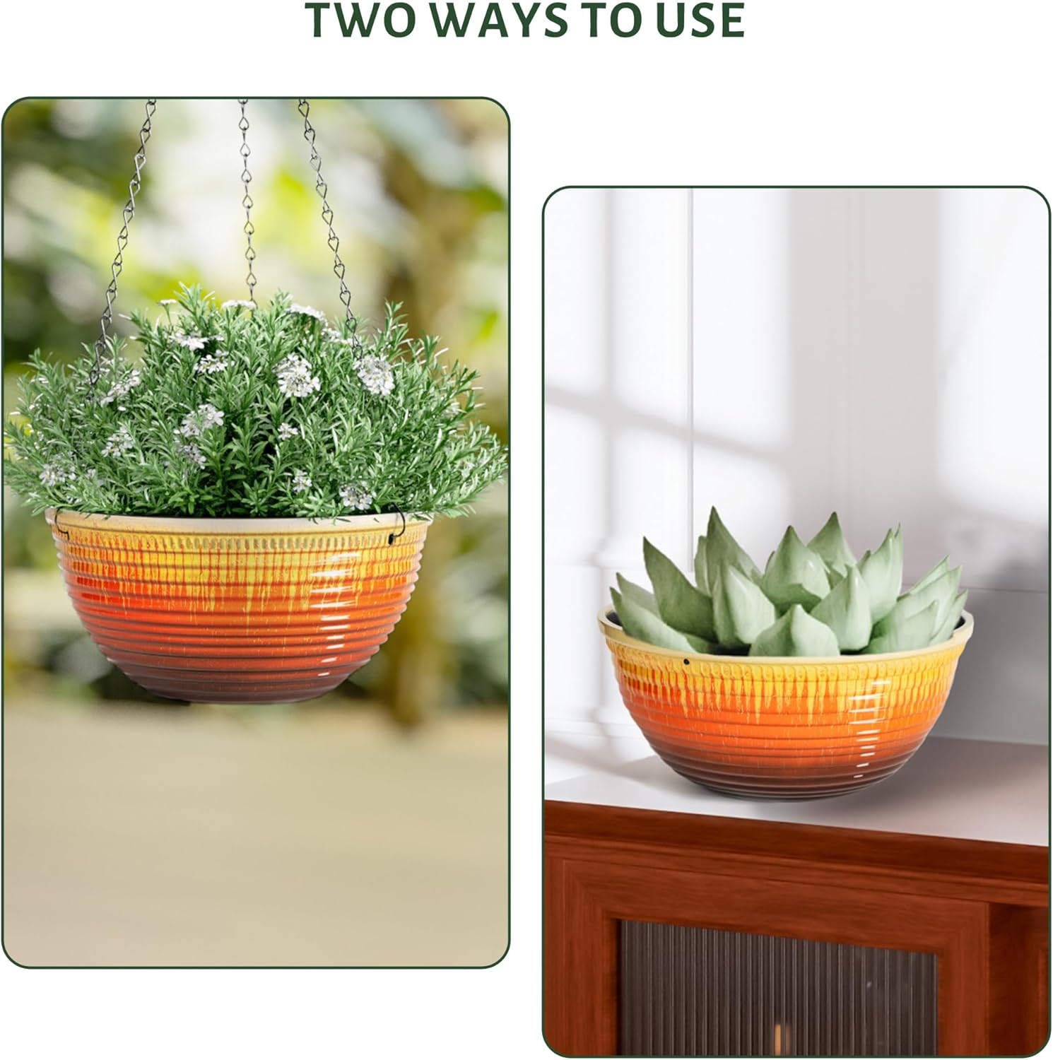 10inch Hanging Planters for Indoor and Outdoor Plants, 2 Pack Hanging Planter with Drainage Hole, Round Hanging Flower Pots for Garden Home Decor (Orange Glaze)