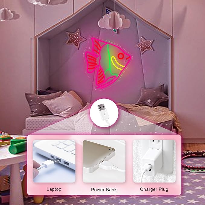 Fish Neon Sign Colorful Fat Headed Fish Neon Light Dimmable LED Neon Light for Wall Decor USB Powered Animal Light Up Sign for Bedroom Ocean Museum Boys And Girls Gifts