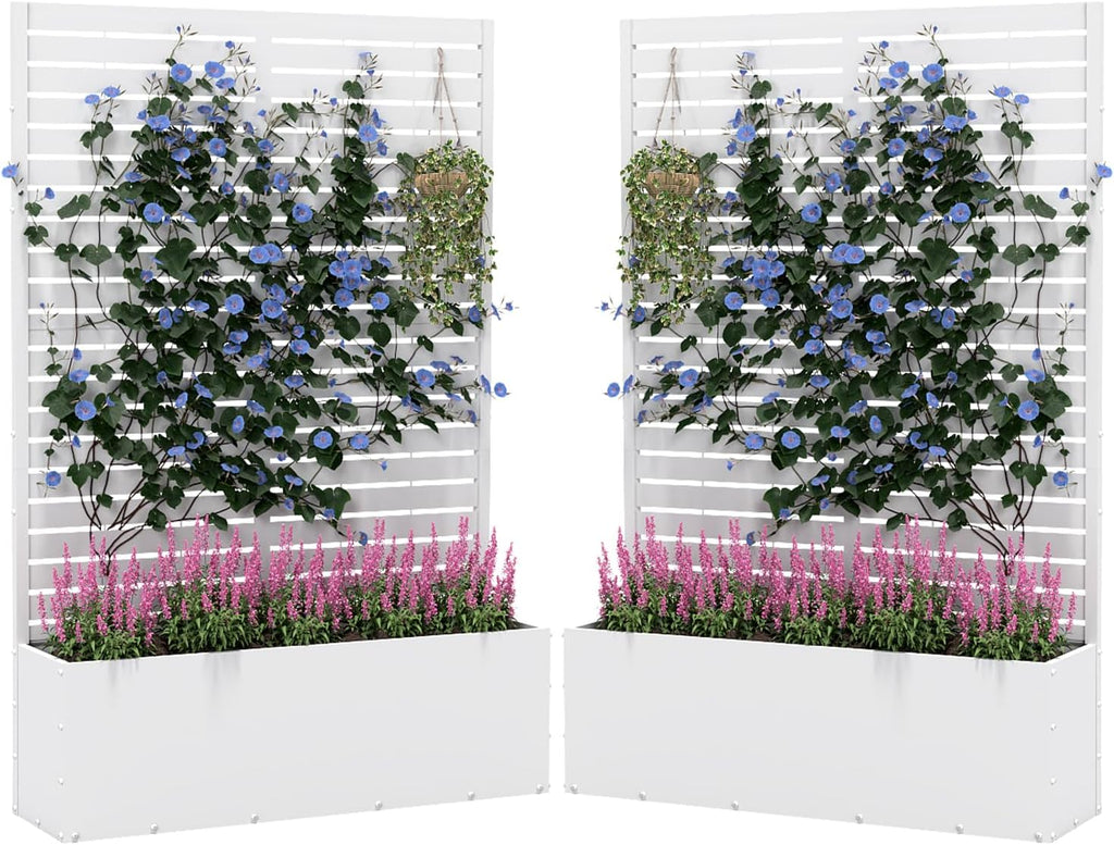 2PCS Metal Planter Box with Trellis,70.9"x47.2"x15.7" Raised Garden Bed with Drainage Holes, Privacy Planters for Outdoor Garden Bed for Climbing Plants,Vegetables,and Vines, White-louvered