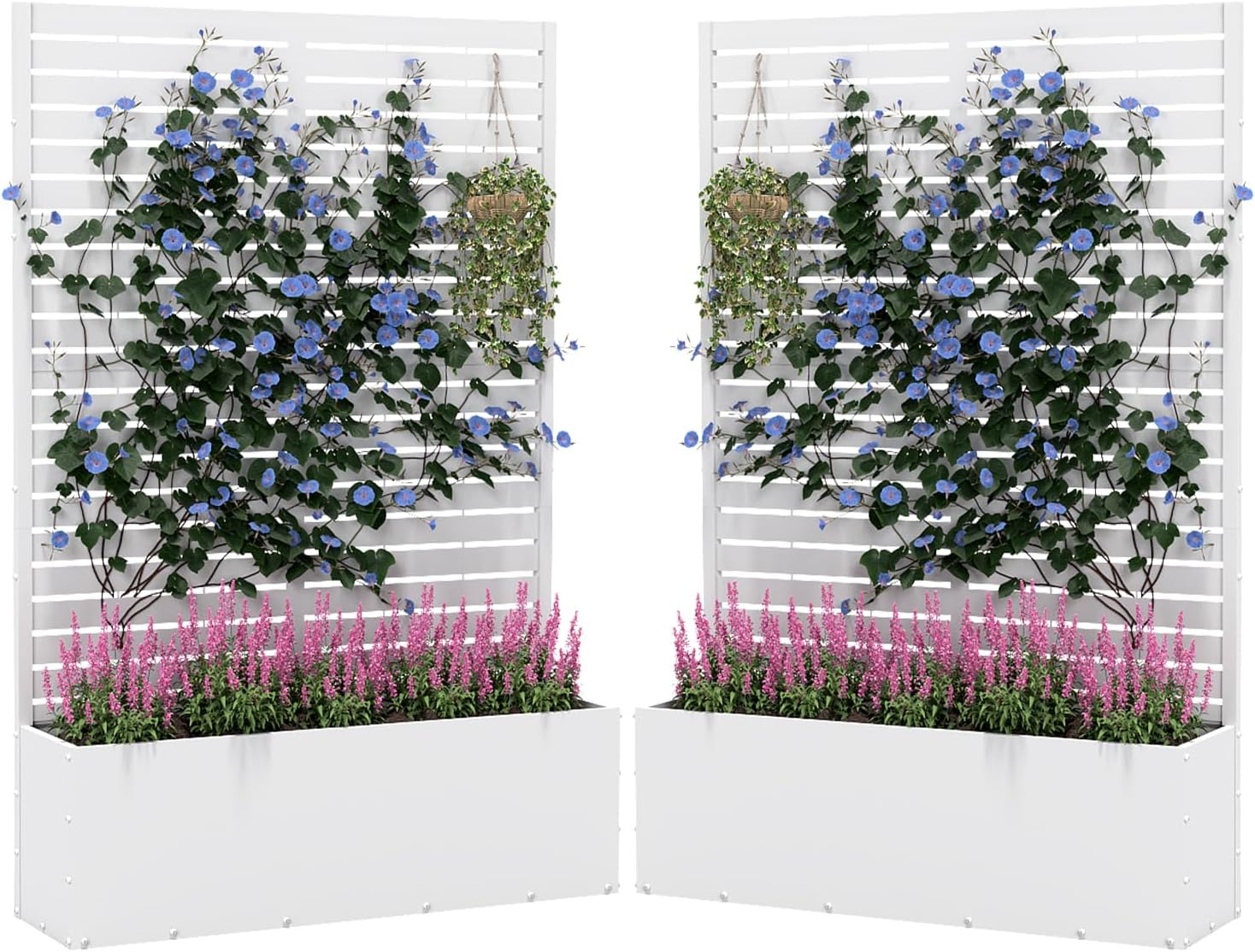 2PCS Metal Planter Box with Trellis,70.9"x47.2"x15.7" Raised Garden Bed with Drainage Holes, Privacy Planters for Outdoor Garden Bed for Climbing Plants,Vegetables,and Vines, White-louvered