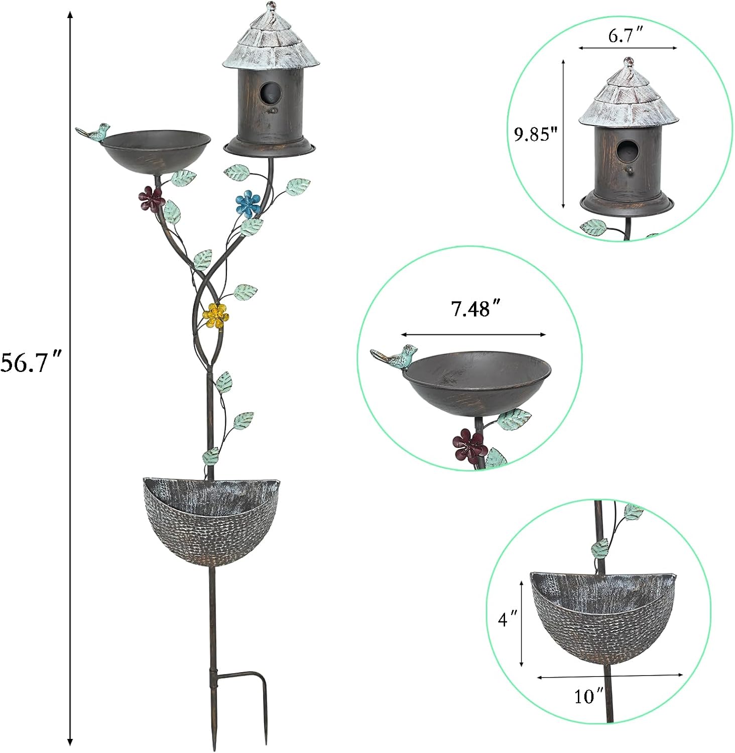 56.7” H Bird Baths for Outdoors, Metal Bird Bath Bird House and Planter Pot 3-in-1 Design, Birdbath and Bird Houses with Pole Stand for Outside Garden Yard Decor