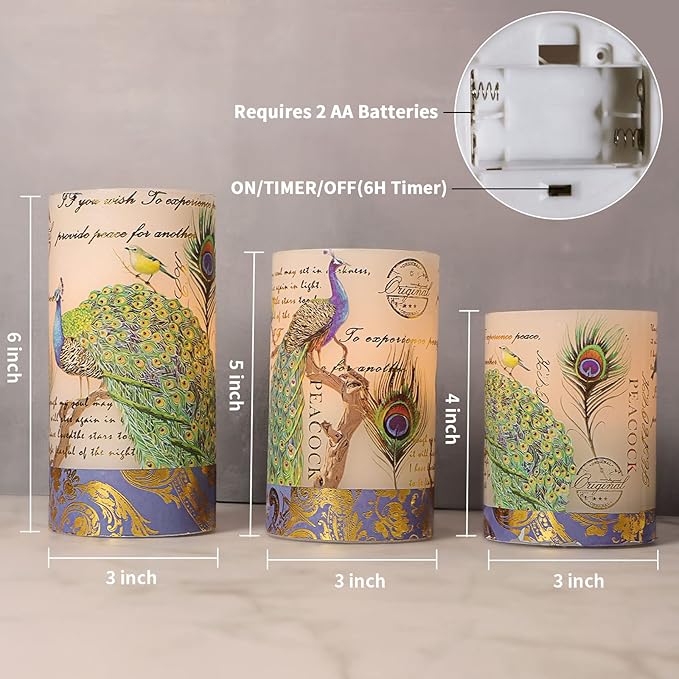 Flameless Peacock Battery Operated Candles With Remote - Flickering Pillar Real Wax LED Vintage Home Decor for Spring, Wedding, Mother's Day Gifts