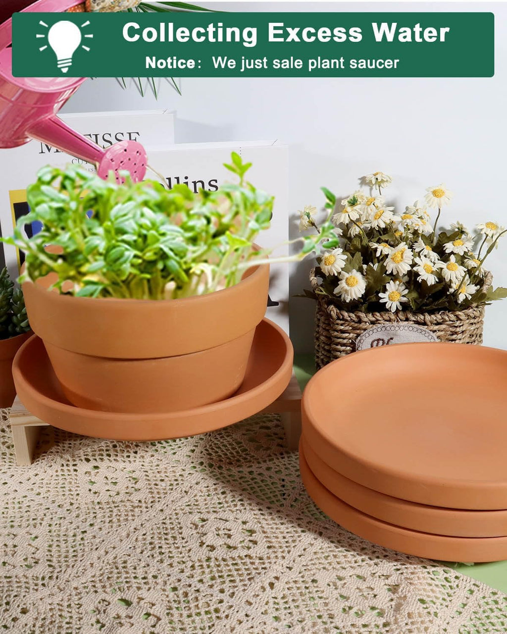 vensovo 9 Inch Terracotta Plant Saucer Pots Tray - 4 Pcs Round Planter Saucers for Indoor & Outdoor Plants, Large Clay Trays Perfect for 8 Inch 8.5 Inch 9 Inch Flower Pot