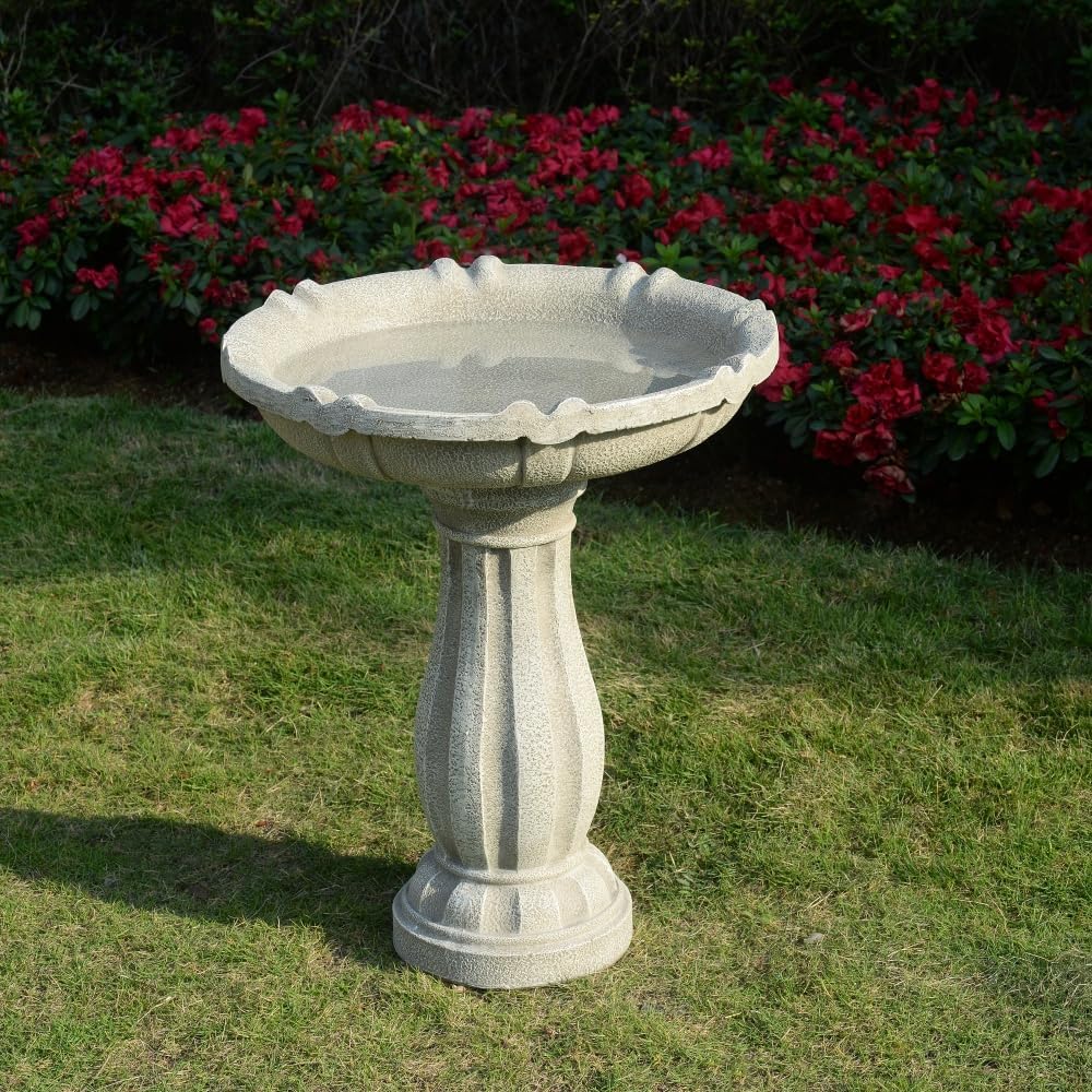 Bird Bath for Outdoor - 26'' Tall Resin Stone Modeling Design Birdbaths, Lightweight and Durable - Enhance Your Outside Garden with This Stunning Water Feature (Ivory White)