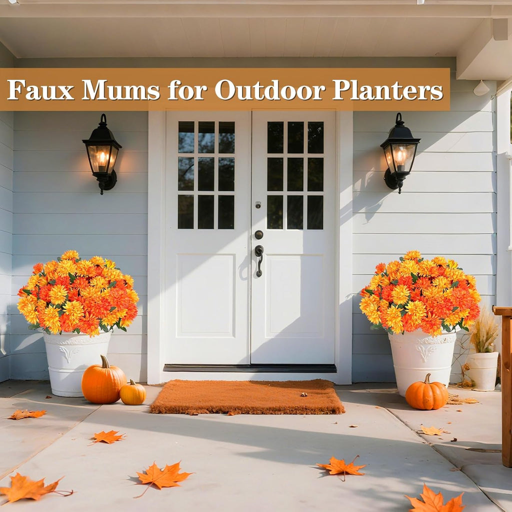 Artificial Faux Fall Mums Hanging Flowers Plants Basket for Outdoor Decor, 75 UV Resistant Fake Silk Orange Yellow Daisy in Planter Real Look for Autumn Porch Home Patio Garden Yard Decoration