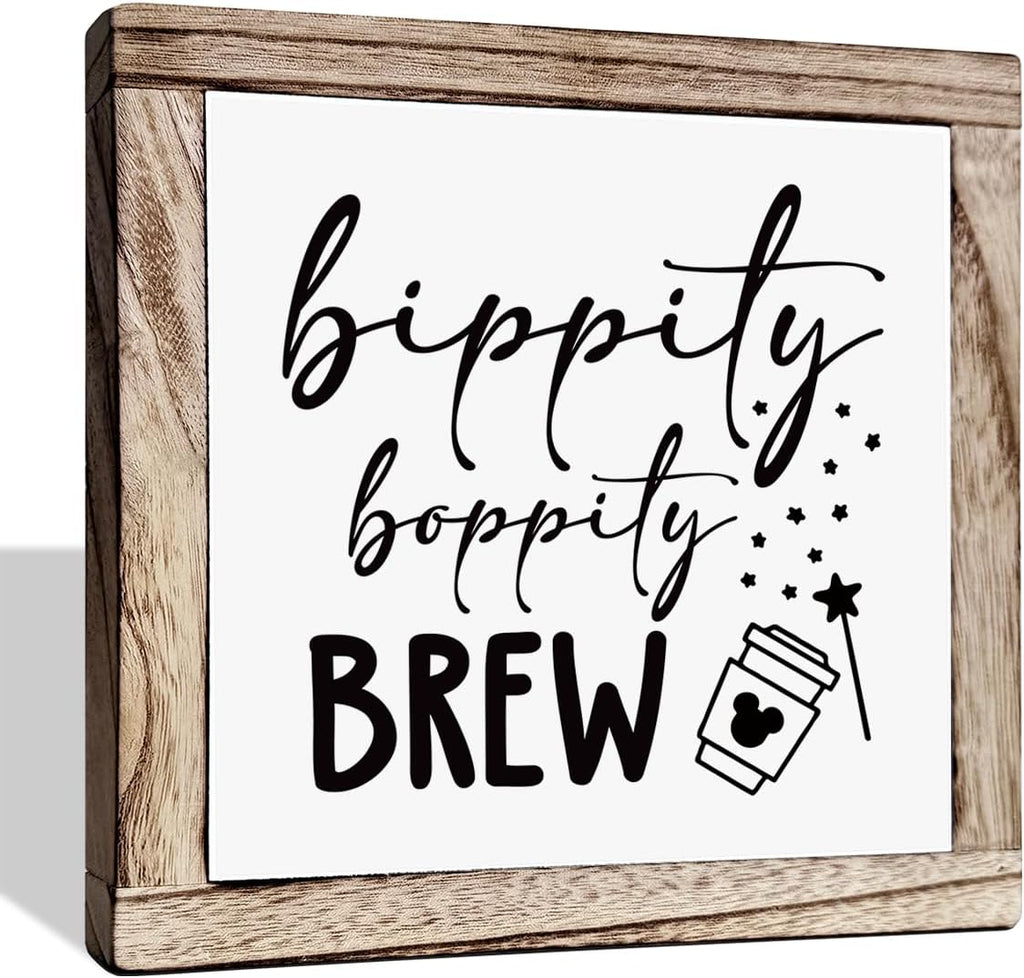 Bippity Boppity Wood Plaque Sign, Box Wood Plaques Desk Décor, Rustic Wooden Coffee Table Sign, Kitchen Home Decor, Tabletop Decor Sign, Coffee Lover Gift, Disney Lover Gift 7.9×7.9inch