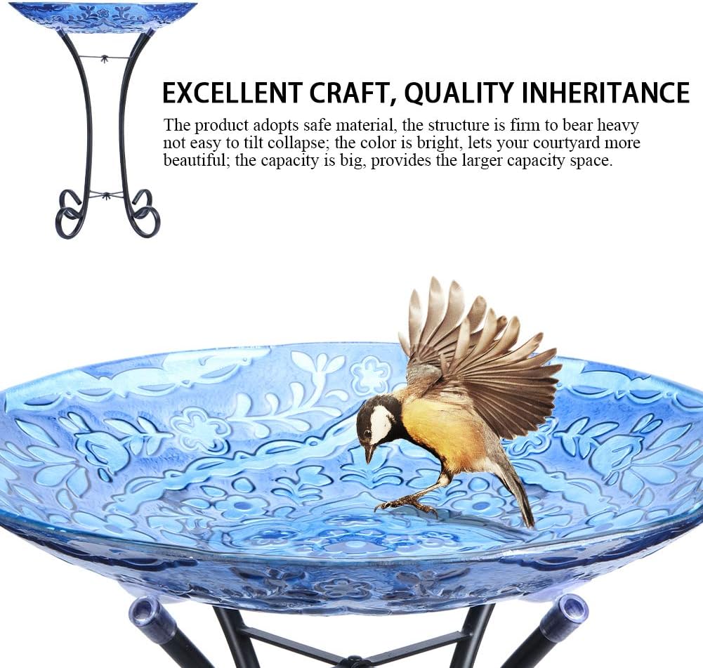 MUMTOP Outdoor Glass Birdbath with Metal Stand for Lawn Yard Garden Decor,18” Dia/21.65 Height