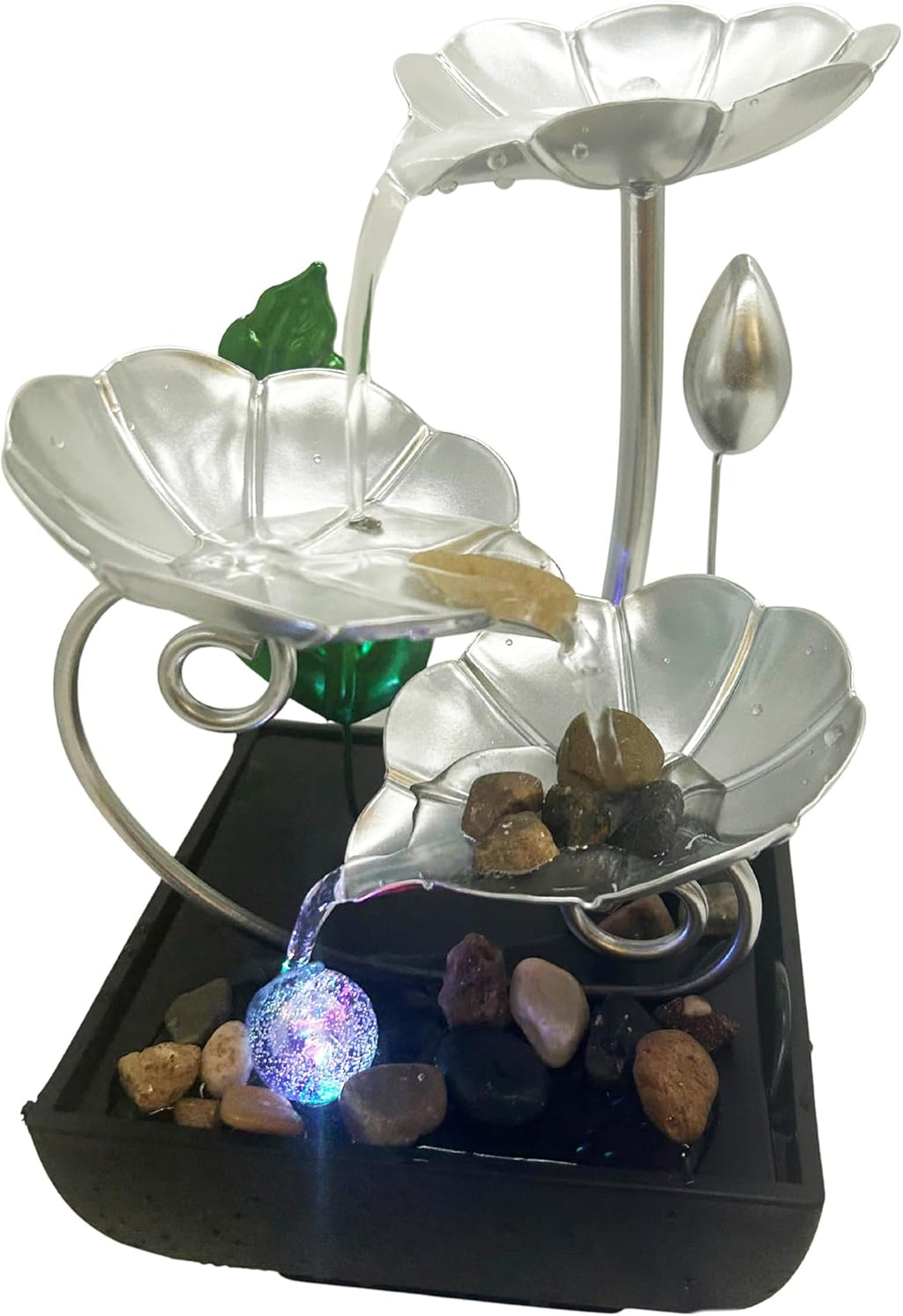 Tabletop Water Fountain with LED Light – Indoor Zen Décor with 3-Tier Design, Natural River Stones for Office, Home 8inch Tall