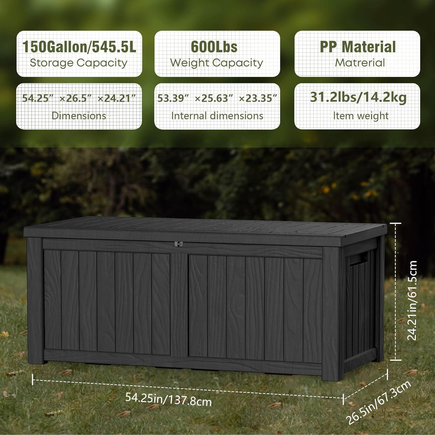 150 Gallon Outdoor Storage Box Waterproof Lockable Resin Deck Box Large, Patio Storage Bin for Pool Accessories Cushion Furniture, Garden Tools, UV-Resistant Outside Delivery Black