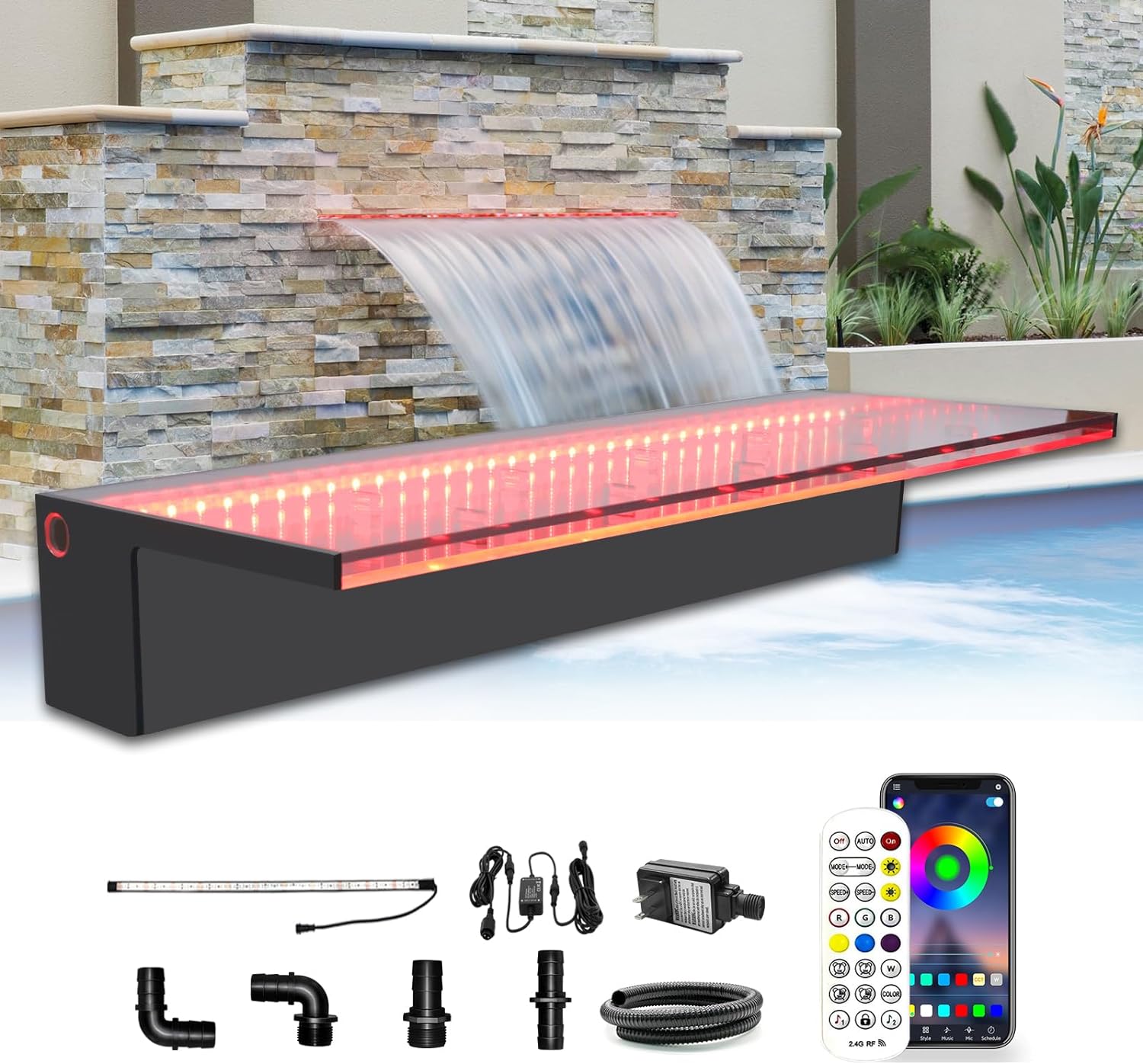 LONGRUN Waterfall Spillway, APP Control Multi-Color LED Light Outdoor Pool Fountain, Acrylic Water Spillway Koi Pond Waterfalls Fountains Kit for Garden Patio Swimming Pool Decoration-23.6"