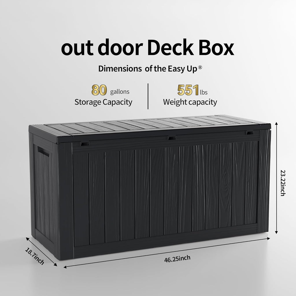 80 Gallon Lockable Resin Deck Box, Waterproof & UV-Resistant Outdoor Storage Box for Outdoor Cushion Storage, Garden Tools & Pool Accessories Storage, Black