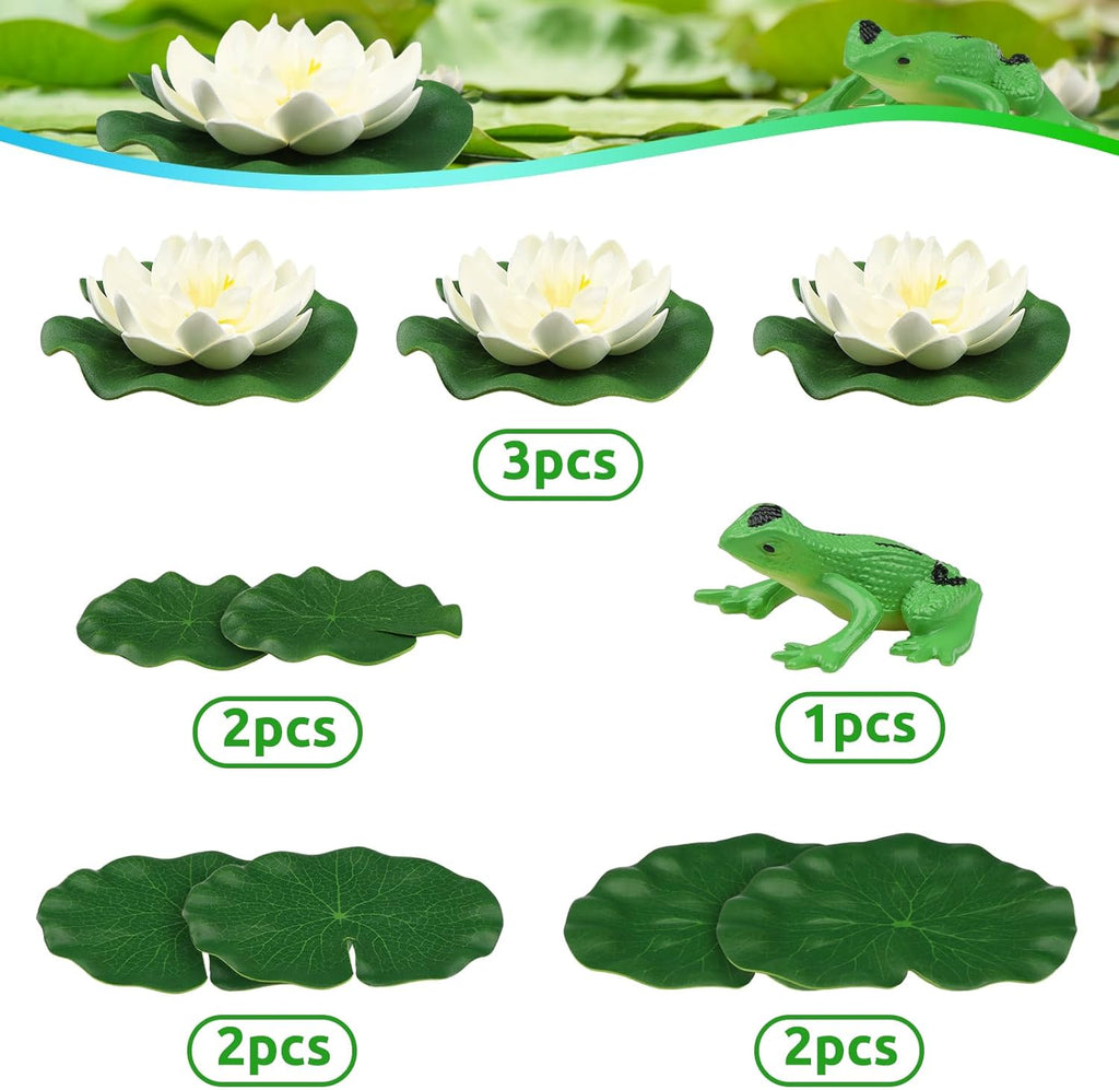 10pcs Artificial Floating Foam Lotus Flowers with Artificial Frog Lotus Leaves, Lily Pads for Lake, Pond Plants Ornaments for Pool Aquarium Water Decoration, White