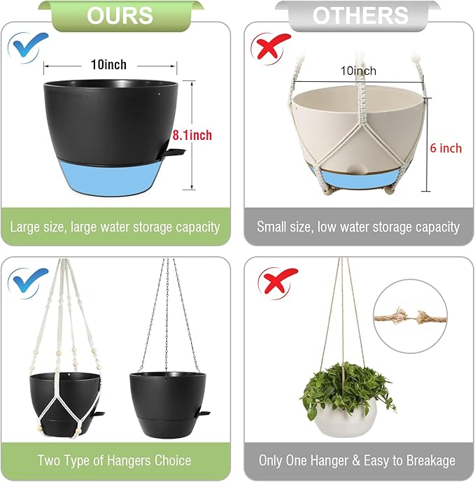 10 inch Self Watering Hanging Planters, 2 Pack Hanging Baskets for Indoor Outdoor Plants, Hanging Flower Pots with Drainage Holes & 2 Kinds of Plant Hangers for Garden Home Decor, Black