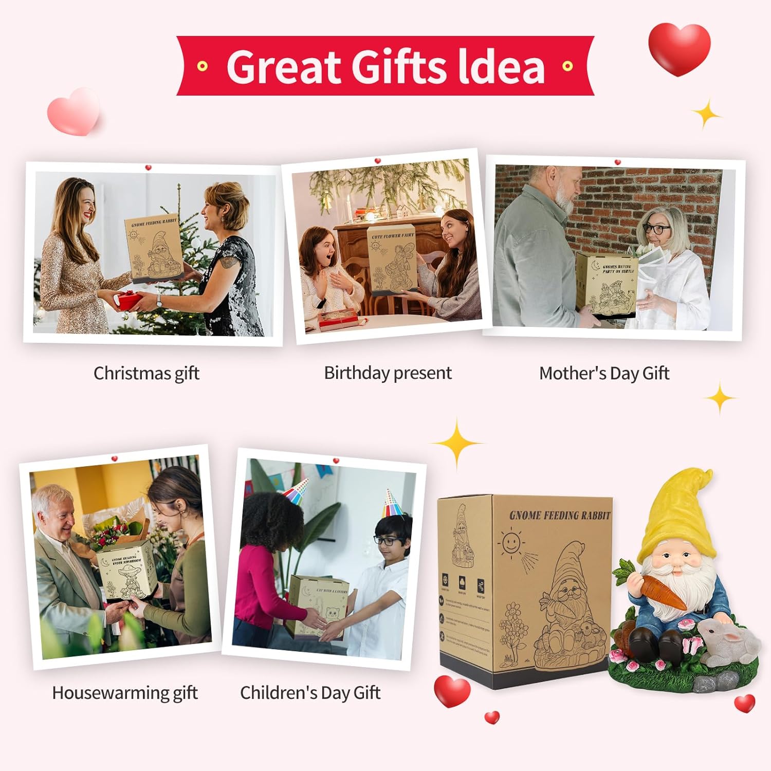 Solar Garden Outdoor Statues Gnome Feeding Rabbit with 6 LED Solar Figurine for Lawn,Patio,Balcony,Yard Decor Unique Housewarming Gift, for Grandfather, Father,Grandma