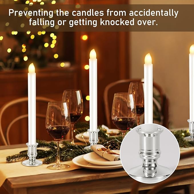 8 Pack Christmas Window Candles, Battery Operated with Timer Remote, LED with Candle Holders Suction Cups, Flickering for Christmas Decorations, Silver