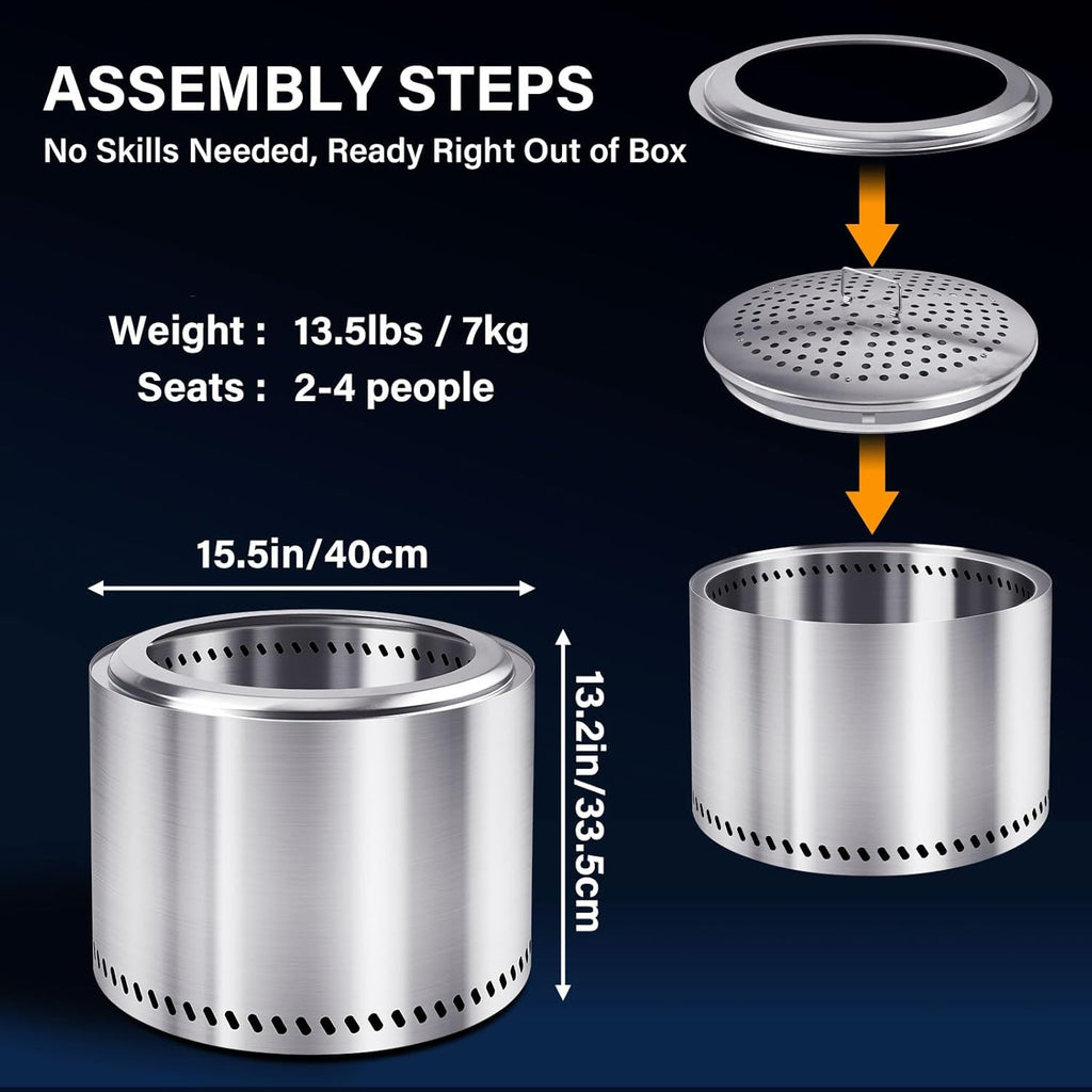 HGD 15.5" Smokeless Fire Pit Outdoor, Stainless Steel Wood Burning Firepit with Secondary Combustion, Backyard Patio Stove for Garden, BBQ & Bonfire