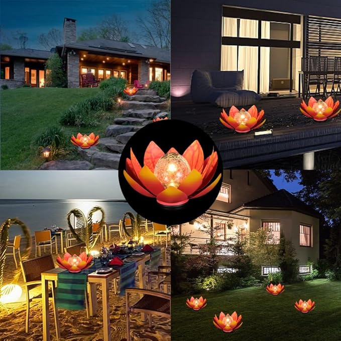 12 inches Solar Lights Outdoor Garden, Crackle Globe Glass Lotus Decoration, Waterproof LED Metal Flower Lights for Patio,Lawn,Walkway,Tabletop,Ground Gardening Gifts (Red)