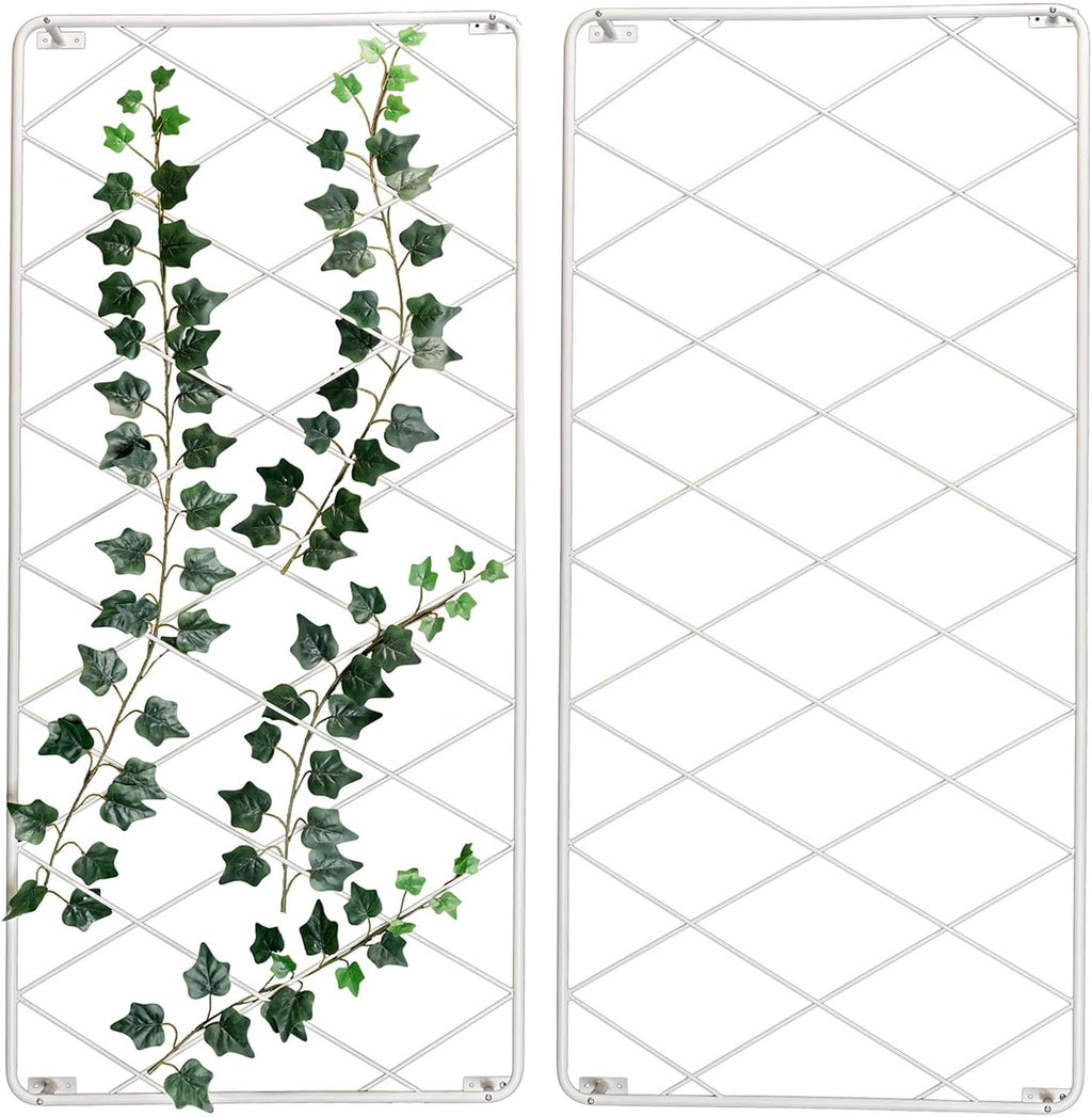MyGift 50 by 24 Inch Wall Mounted Garden Trellis with White Metal Diamond Screen, Hanging Lattice Support Frame for Outdoor or Indoor Climbing Plant Vines, Set of 2 Panels