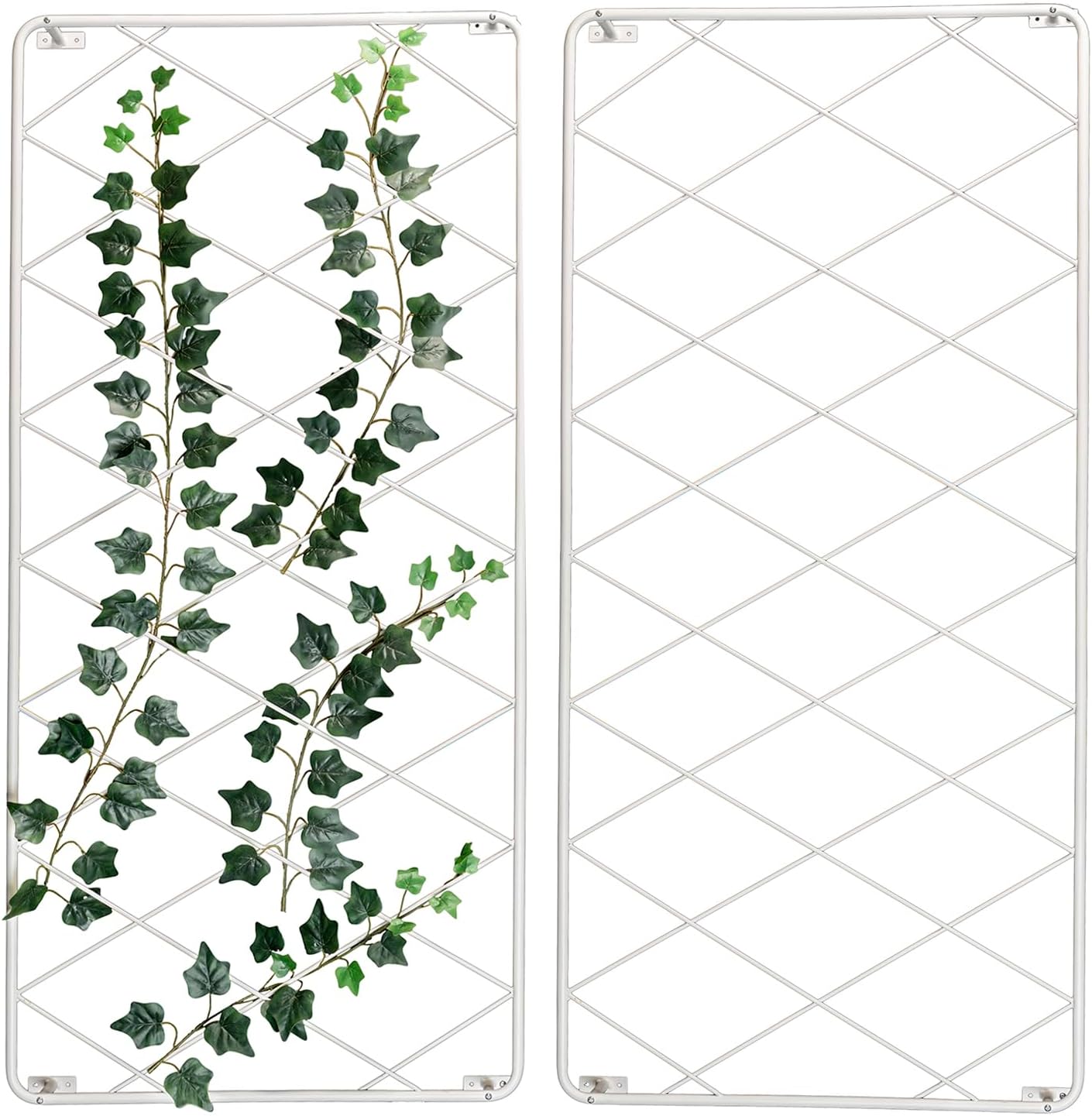 MyGift 50 by 24 Inch Wall Mounted Garden Trellis with White Metal Diamond Screen, Hanging Lattice Support Frame for Outdoor or Indoor Climbing Plant Vines, Set of 2 Panels