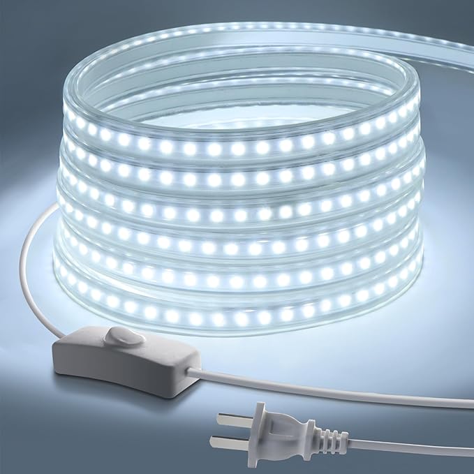 Outdoor LED Strip Lights,AC110V 65.6FT/20M LED Light Strip White,IP65 Waterproof 6500K Flexible LED Rope Lights for Patio Backyard Garden Kitchen Lighting(65.6FT, White)