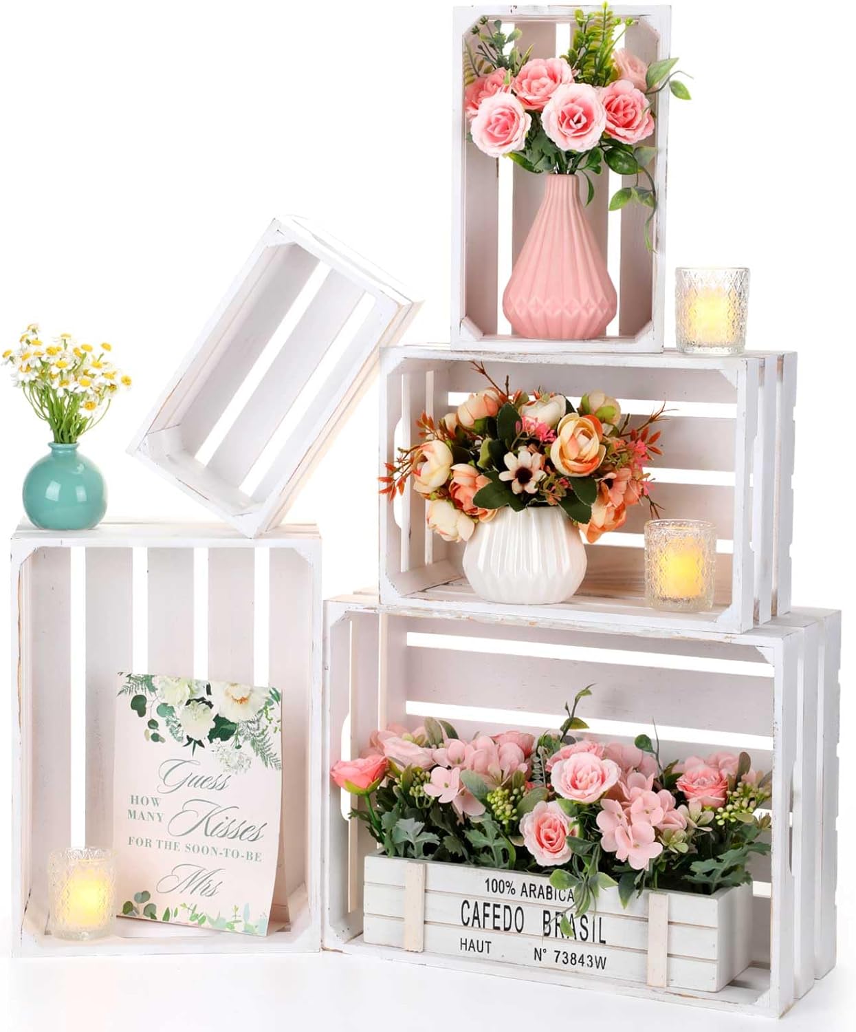 Soaoo 5 Pcs Decorative Nesting Wooden Crates for Storage Display 5 Size Large Small Rustic Wood Decorative Storage Crates with Handle Farmhouse Crate Box Container Made from Pine(Painted White)