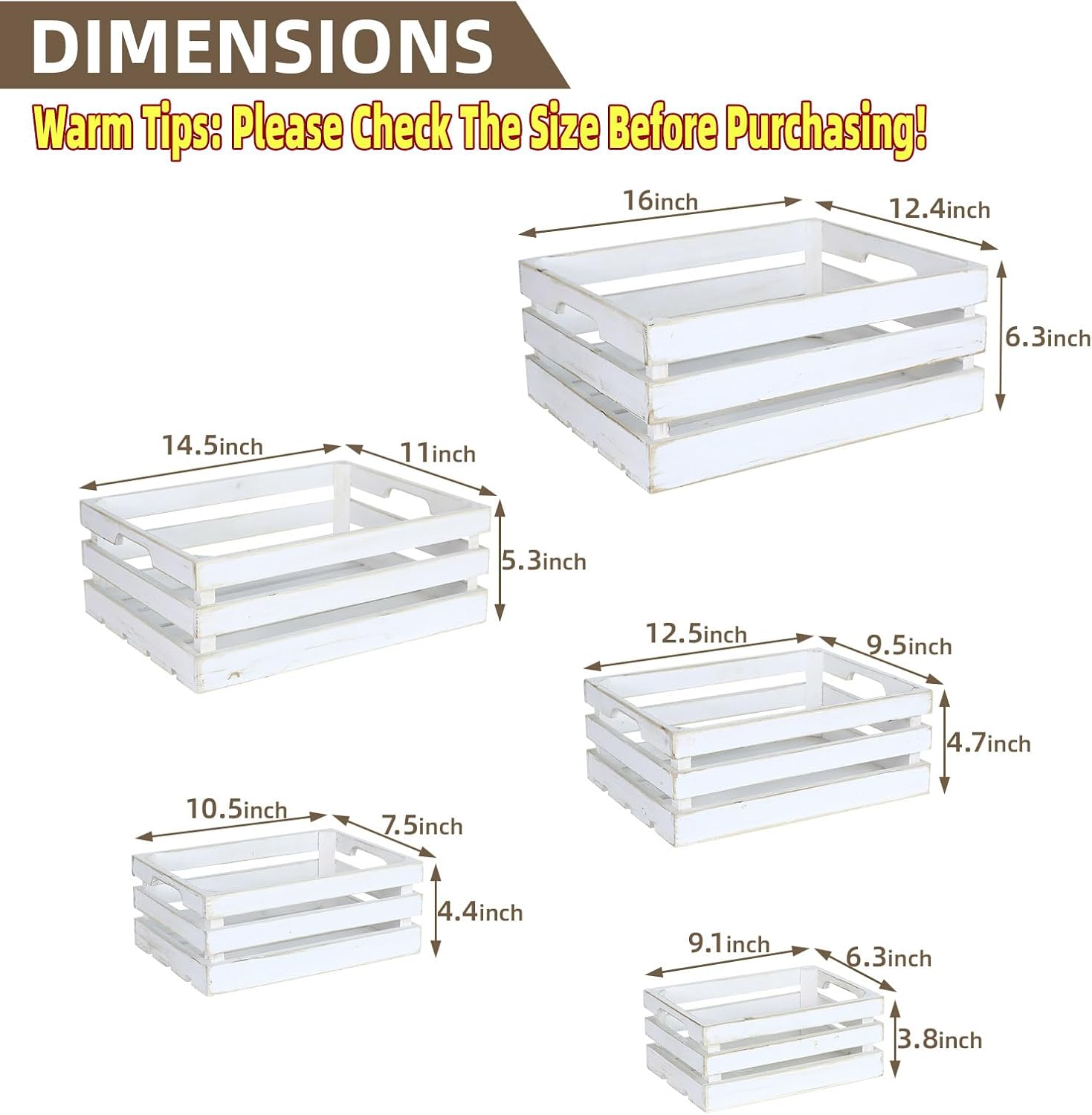 5-Piece Farmhouse Wooden Crate Set - Rustic Wooden Crates for Display and Storage, Large Whitewashed Decorative Crates, Farmhouse Apple Crates, Painted Wood Crates for Decor