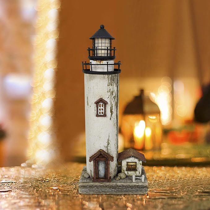 Wooden Lighthouse Decor with Light, Decorative Nautical Lighthouse Rustic Ocean Sea Beach Themed Lighthouse Decoration, Handcrafted Tabletop Nautical Themed Home Decor Bathroom Decor