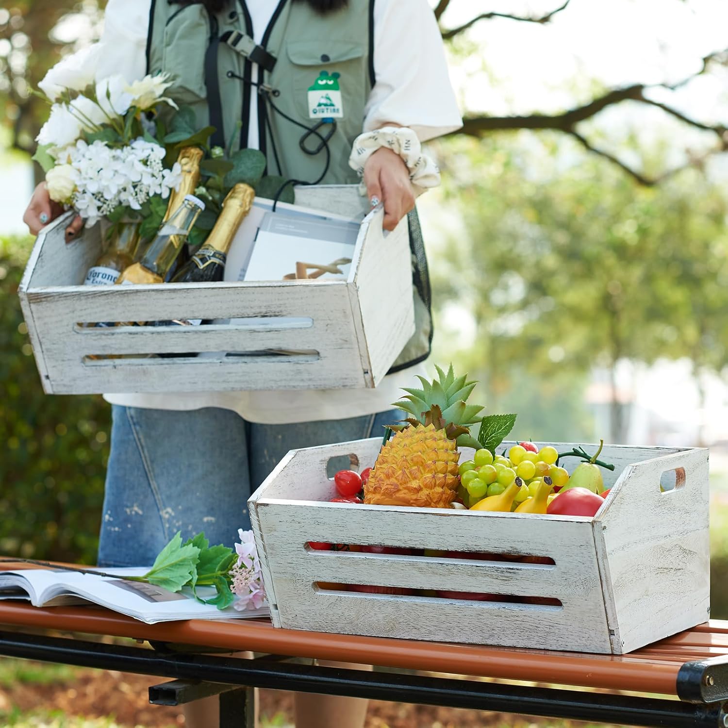 ELONG HOME Wooden Crate, 2 Pack Fast Assemble Wooden Crate for Storage, Decorative Farmhouse Wooden Crate Basket, Vintage Wood Crates Display for Fruits and Vegetables
