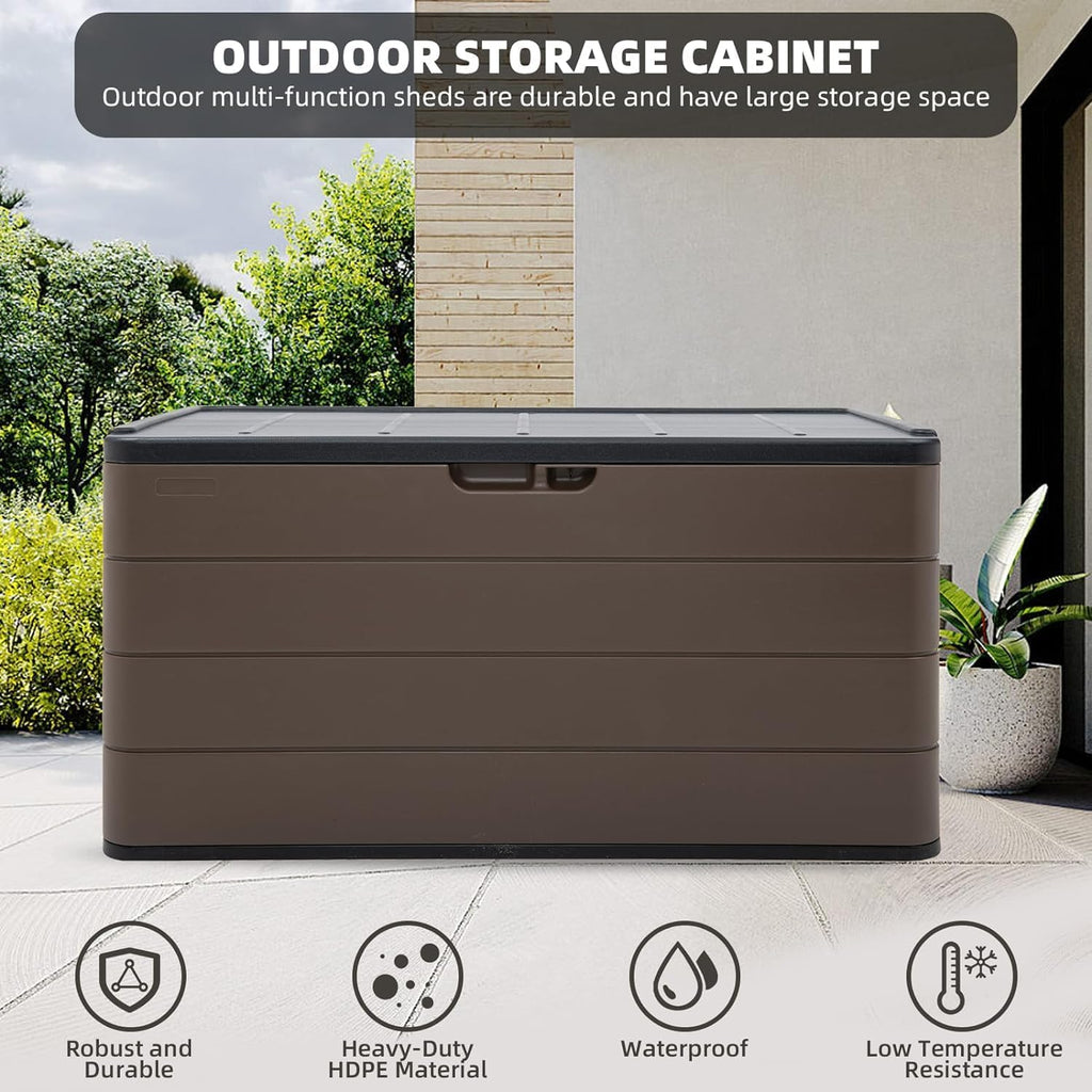 100 Gallon Plus Outdoor Storage Box Waterproof Lockable Resin Deck Box Large, Patio Storage Bin for Pool Accessories Cushion Furniture, Garden Tools, UV-Resistant Outside Delivery Brown