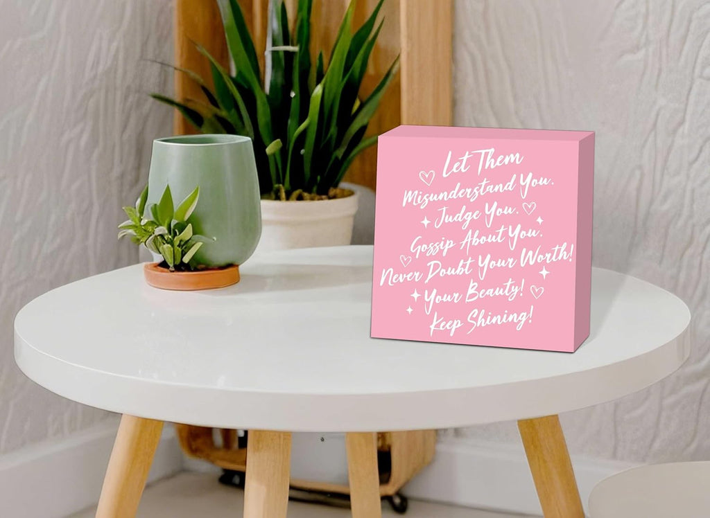 Let Them Wooden Sign, Pink Office Decorations for Work, Let Them Mental Health Rustic Wood Box Signs 5x5 Inch, Desk Shelf Tabletop Decor for Home Cubicle Decor, Office Gifts for Coworkers Women, 16