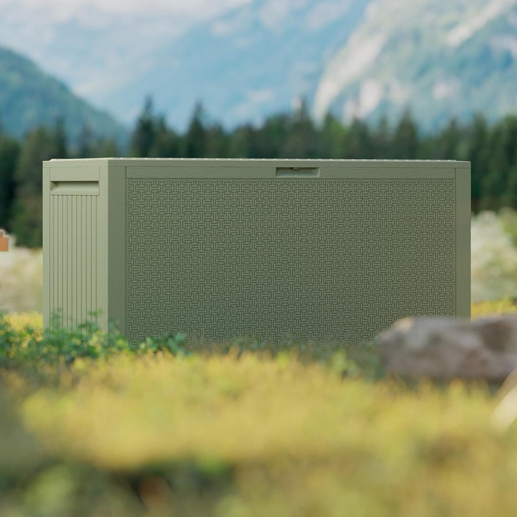 90 Gallon Outdoor Storage Box, Lockable Outside Storage Box Waterproof, Patio Cushions Deck Storage Boxes, Rattan Plastic Garden Hose Containers Resin Pool Storage Bins with lids, Sage Green